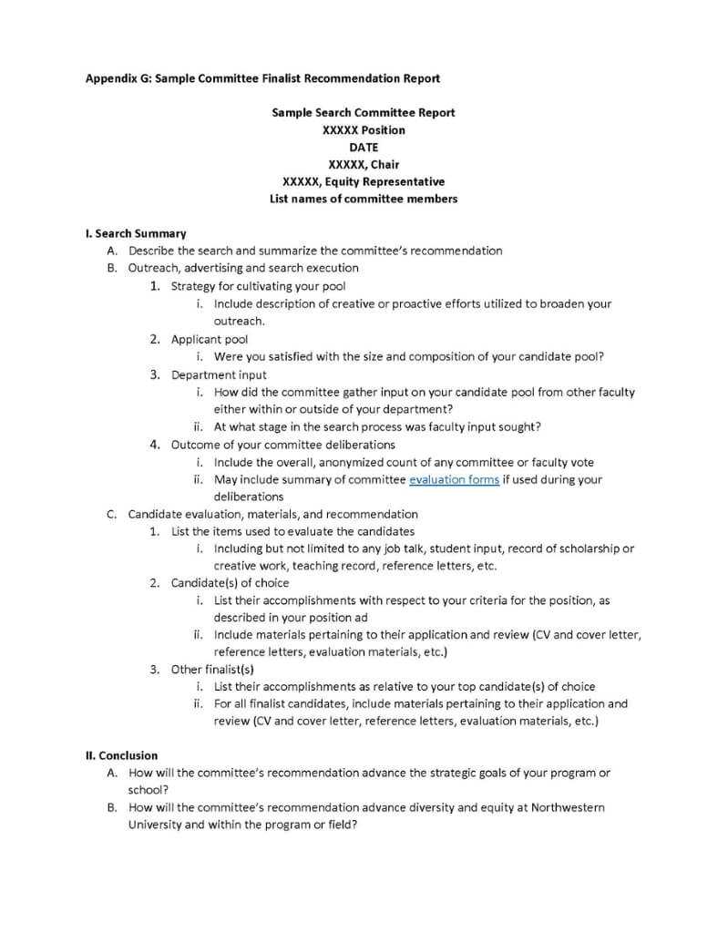 Appendix G: Sample Committee Finalist Recommendation Report Throughout Recommendation Report Template