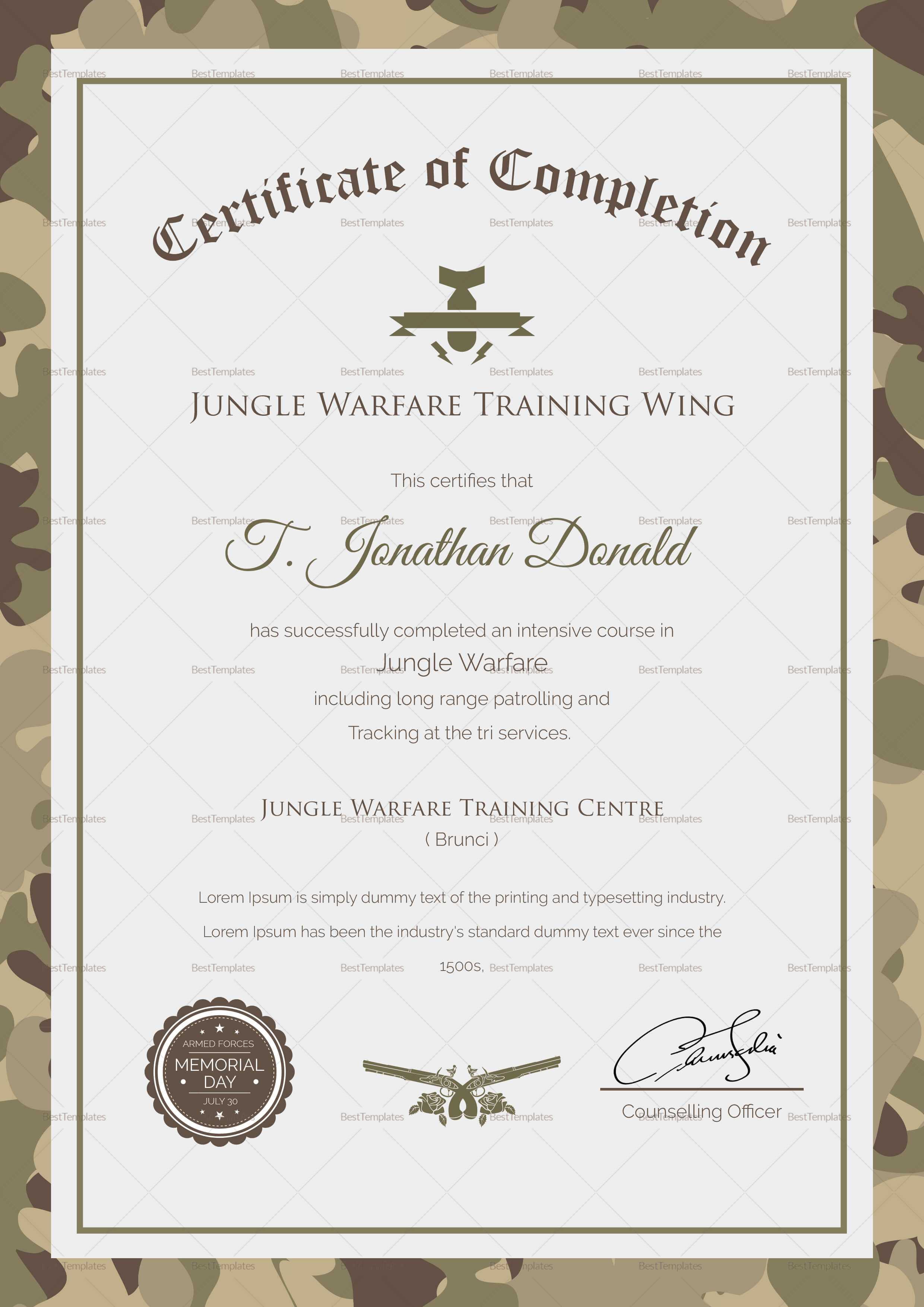 Army Camo Training Completion Certificate Template In Army Certificate Of Completion Template