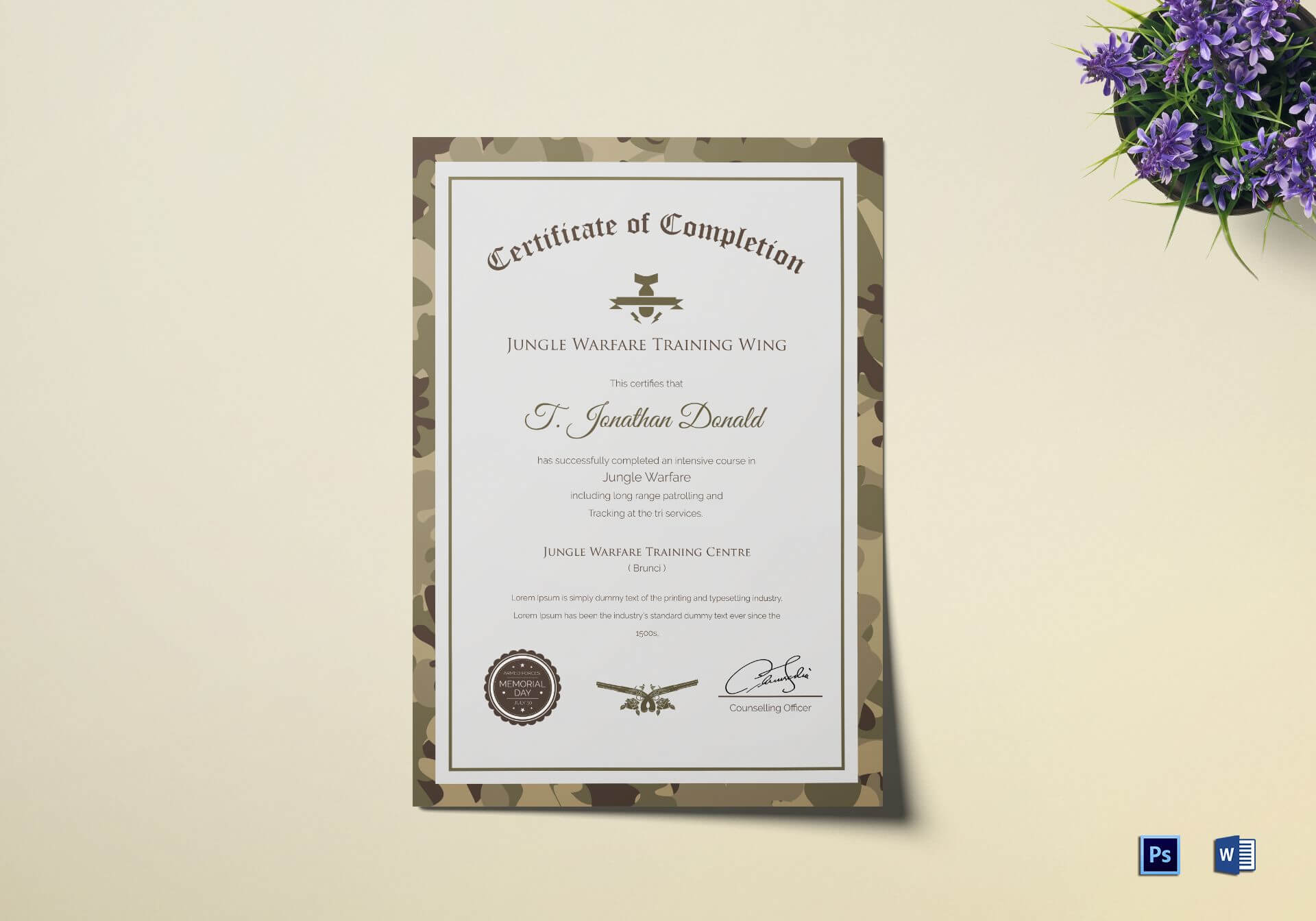 Army Camo Training Completion Certificate Template With Army Certificate Of Completion Template