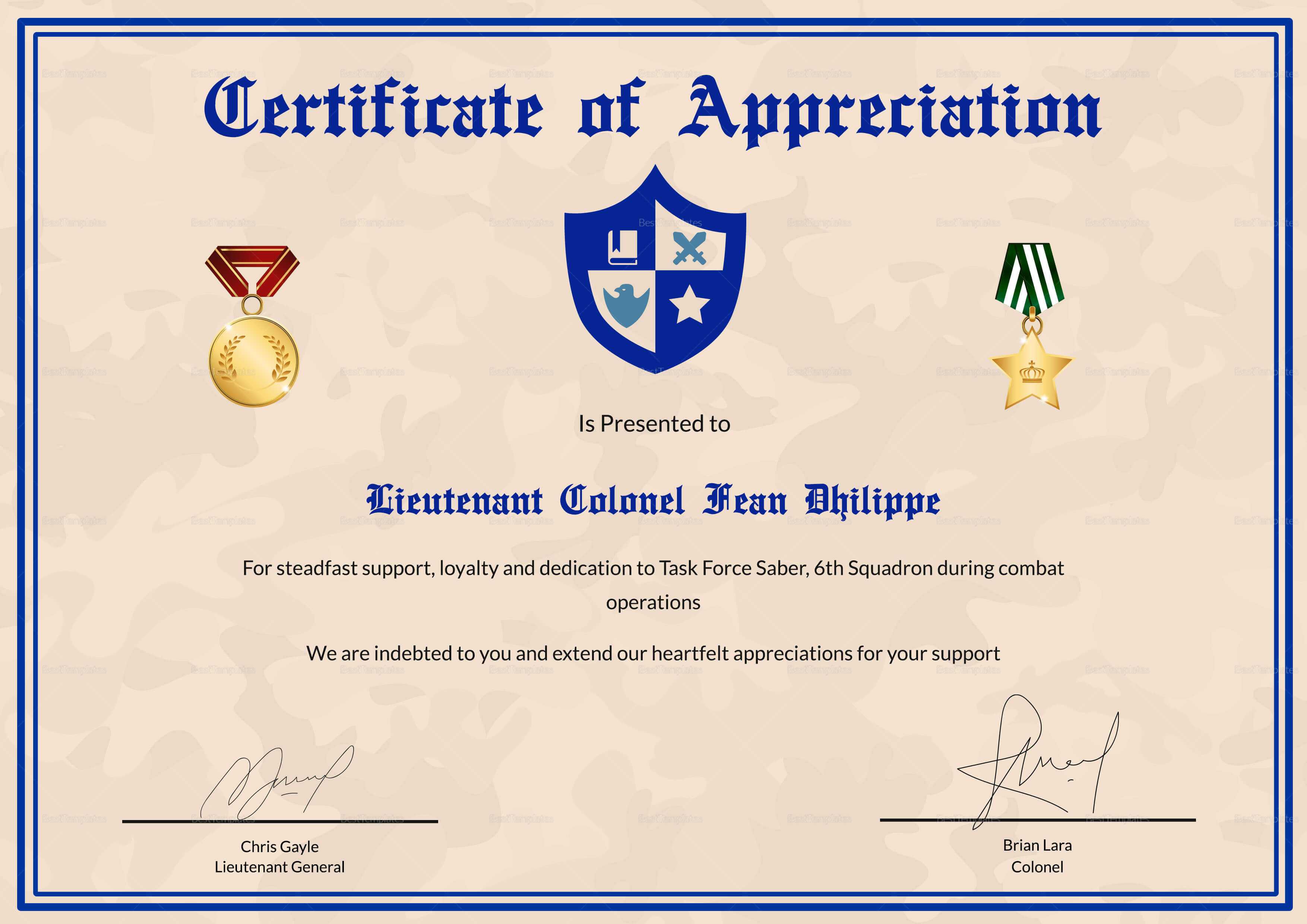 Army Certificate Of Appreciation Template Inside Army Certificate Of Achievement Template