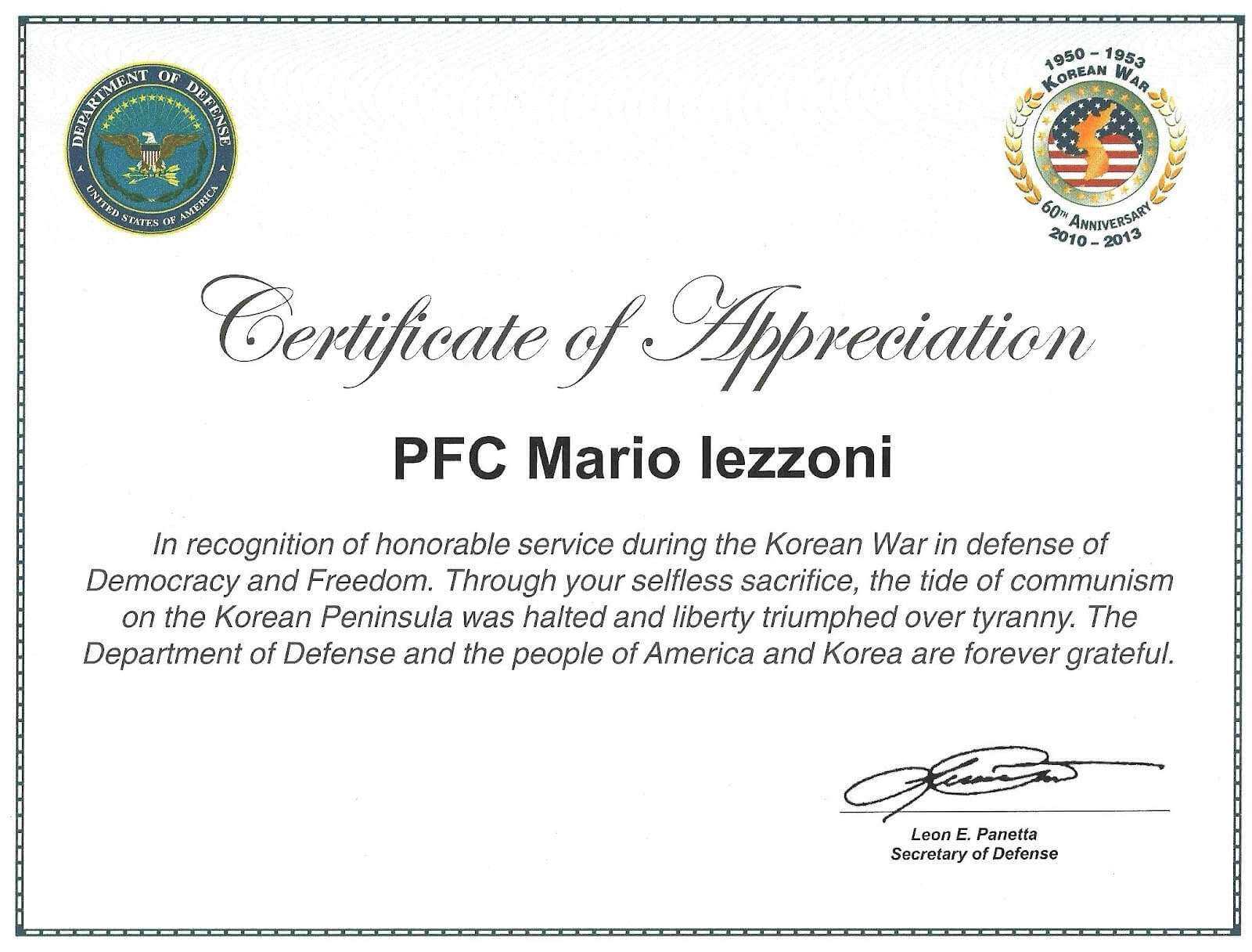 Army Certificate Of Appreciation Template With Army Certificate Of Appreciation Template