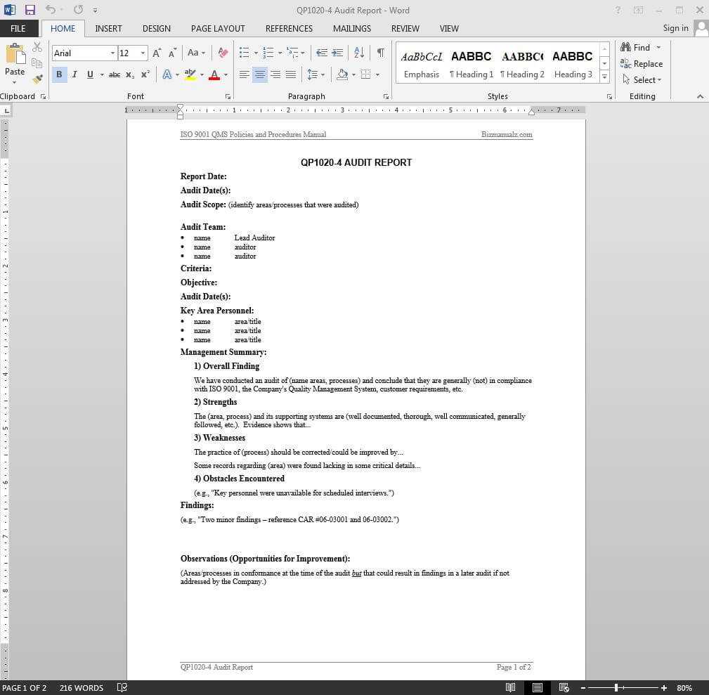 Audit Report Iso Template | Qp1020 4 In It Audit Report Template Word