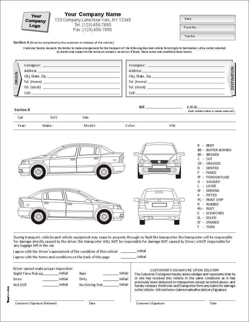 Auto Condition Report Form With Terms On Back, Item #7563 Within Truck Condition Report Template