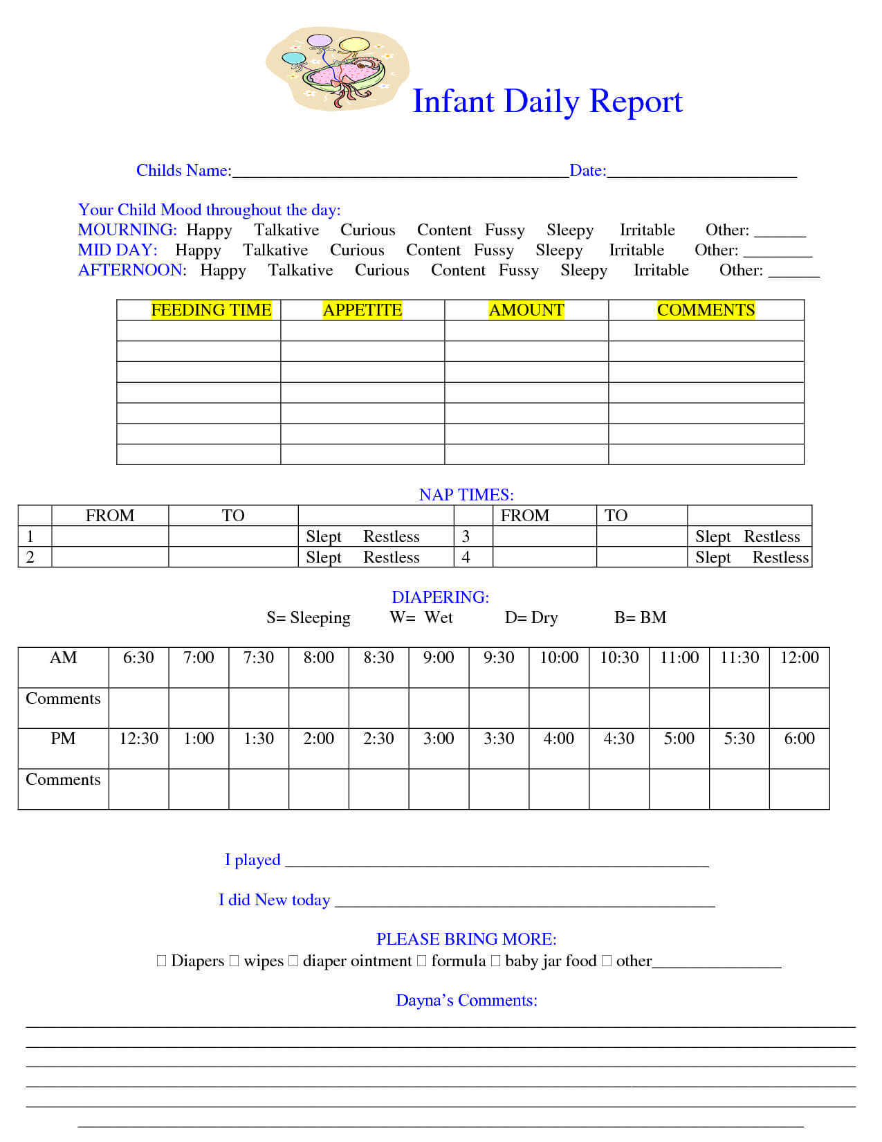 Baby Daily Sheet | Infant Daily Report – Download As Doc In Daycare Infant Daily Report Template