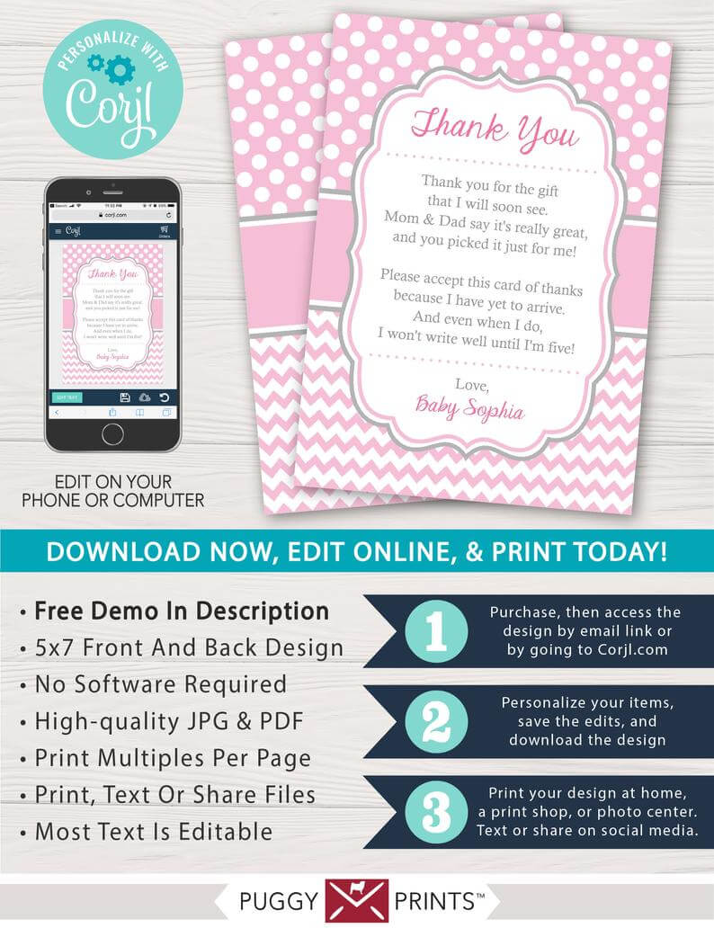 Baby Shower Thank You Card For Girls | Editable Template Online | Instant  Download Intended For Template For Baby Shower Thank You Cards