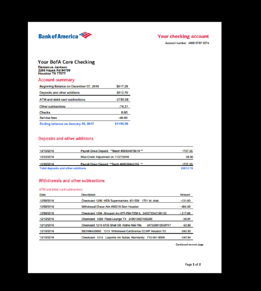 Bank, Statement, Bank America, Template, Income, Earnings In Blank Bank Statement Template Download