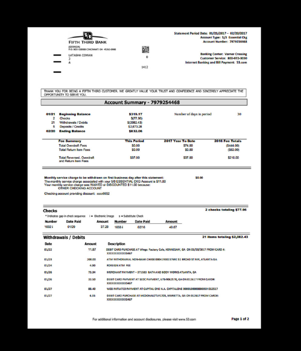 Bank, Statement, Fifth Third, Template, Proof Of Income For Credit Card Statement Template