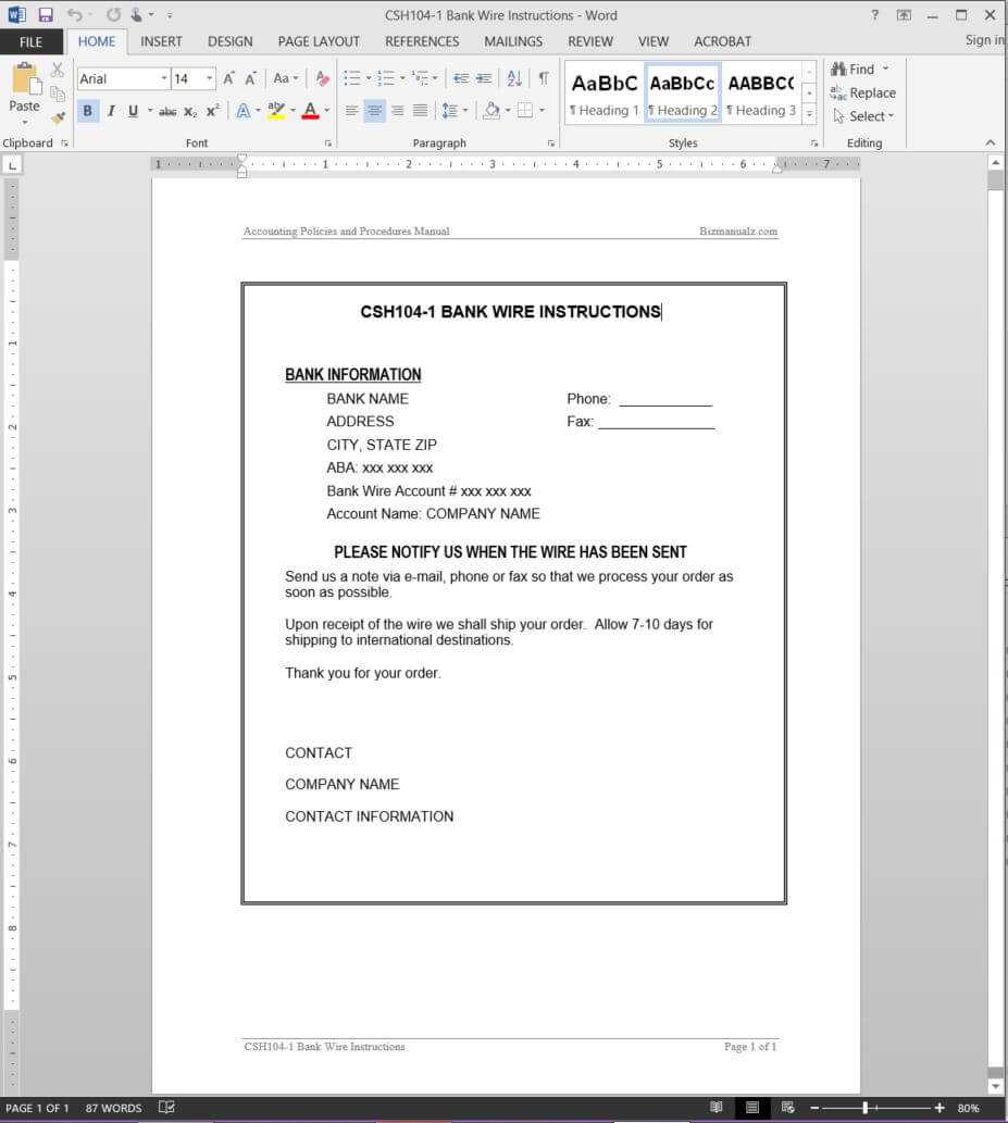 Bank Wire Instructions Guide Template | Csh104 1 Within Instruction Sheet Template Word