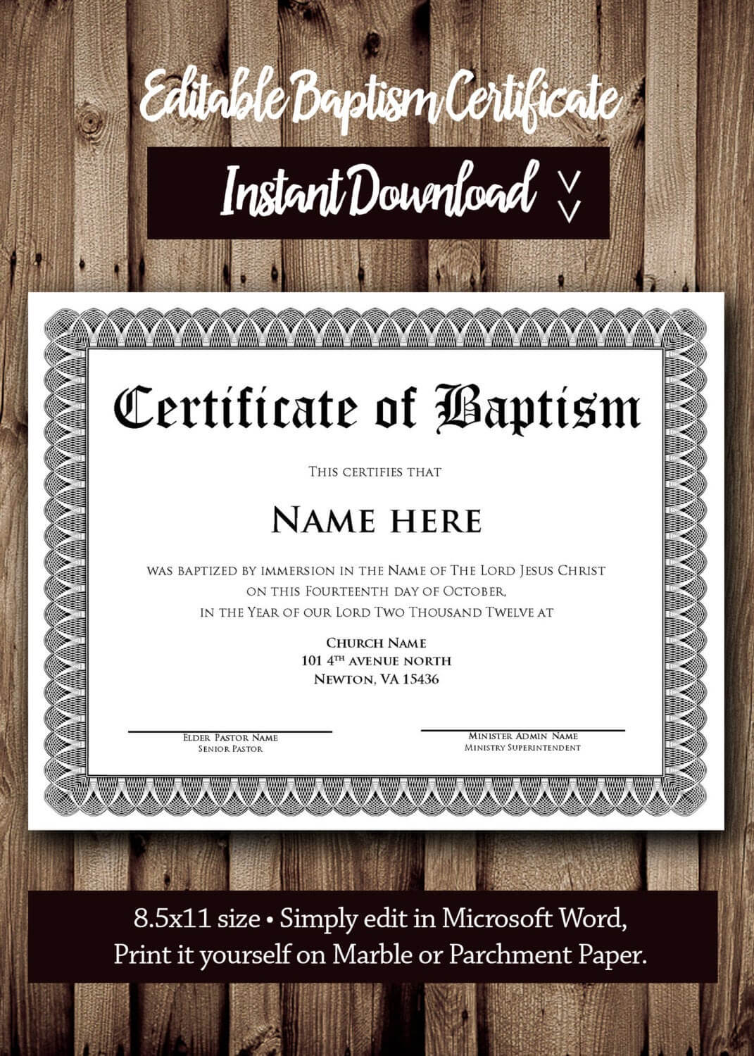 Baptism Certificate Template – Microsoft Word Editable Template – Instant  Download For Baptism Certificate Template Download
