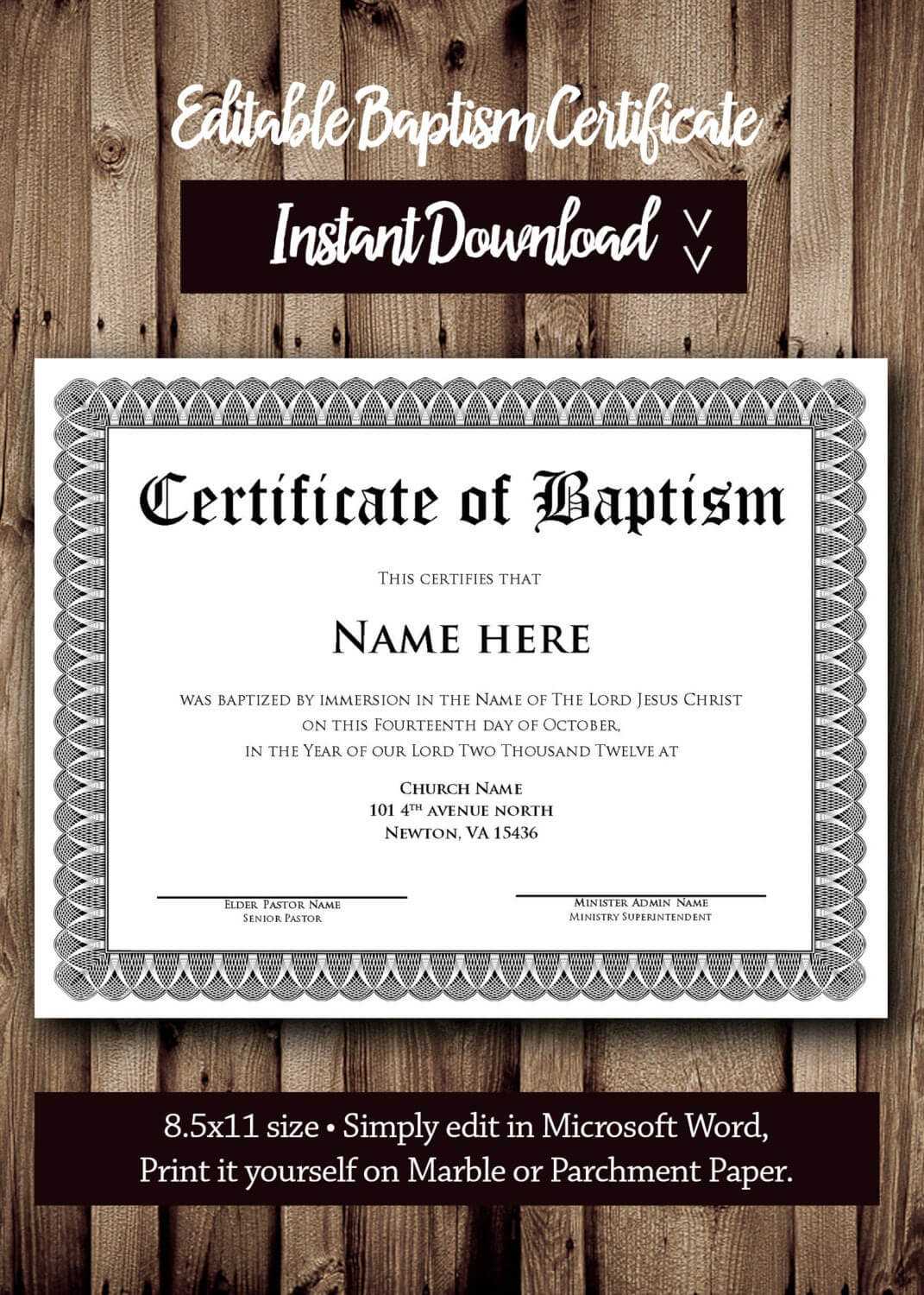Baptism Certificate Template – Microsoft Word Editable Template – Instant  Download For Baptism Certificate Template Download
