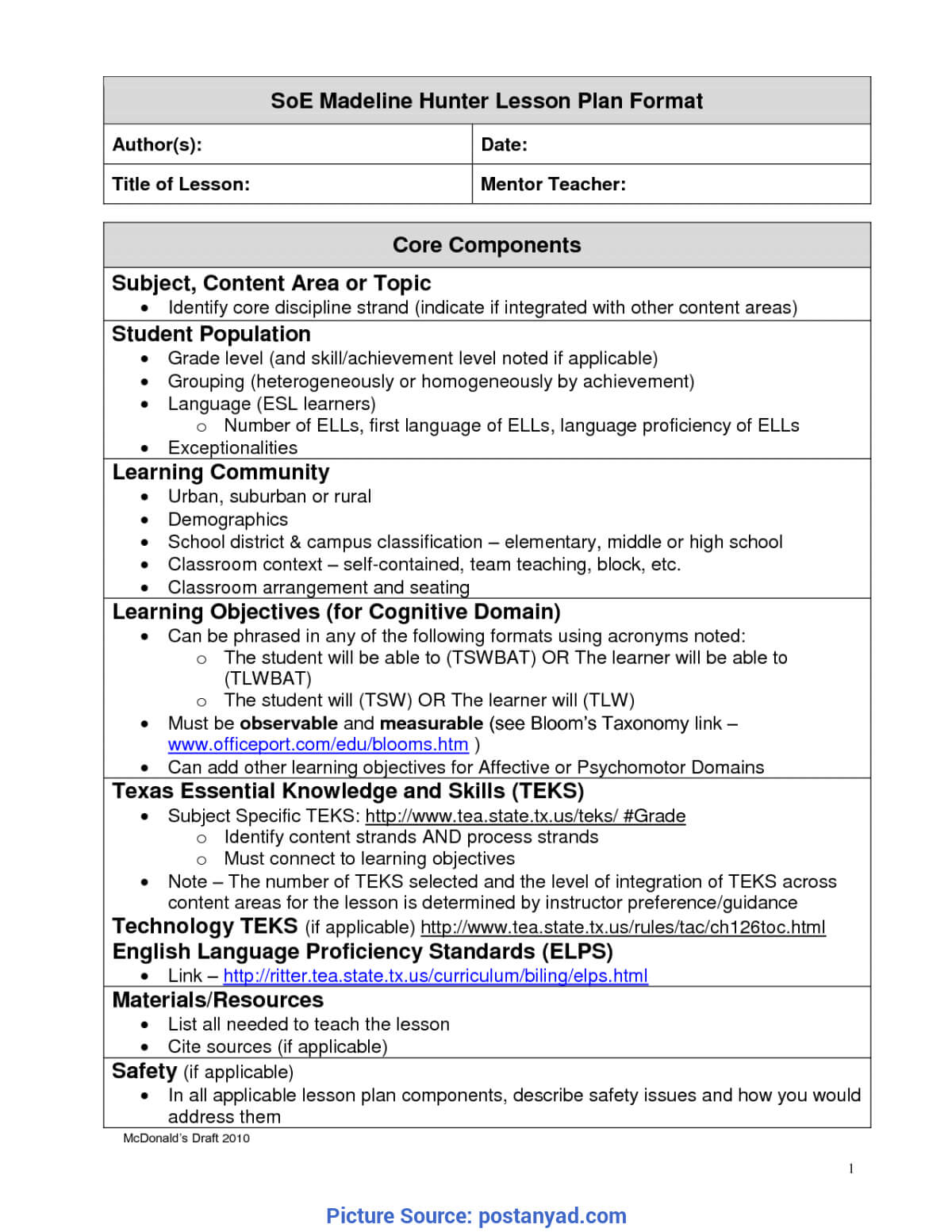 Best Madeline Hunter Lesson Plan Components Madeline Hunter With Madeline Hunter Lesson Plan Template Word