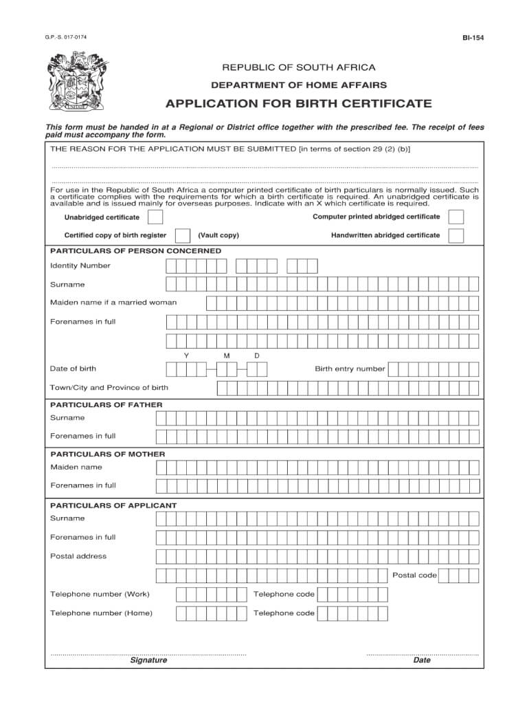 Bi 154 Birth Certificate – Fill Online, Printable, Fillable Throughout South African Birth Certificate Template