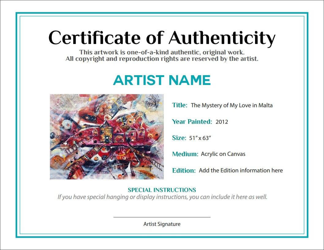 Bill Of Sale Certificate Of Authenticity Agora Gallery Intended For Certificate Of Authenticity Photography Template