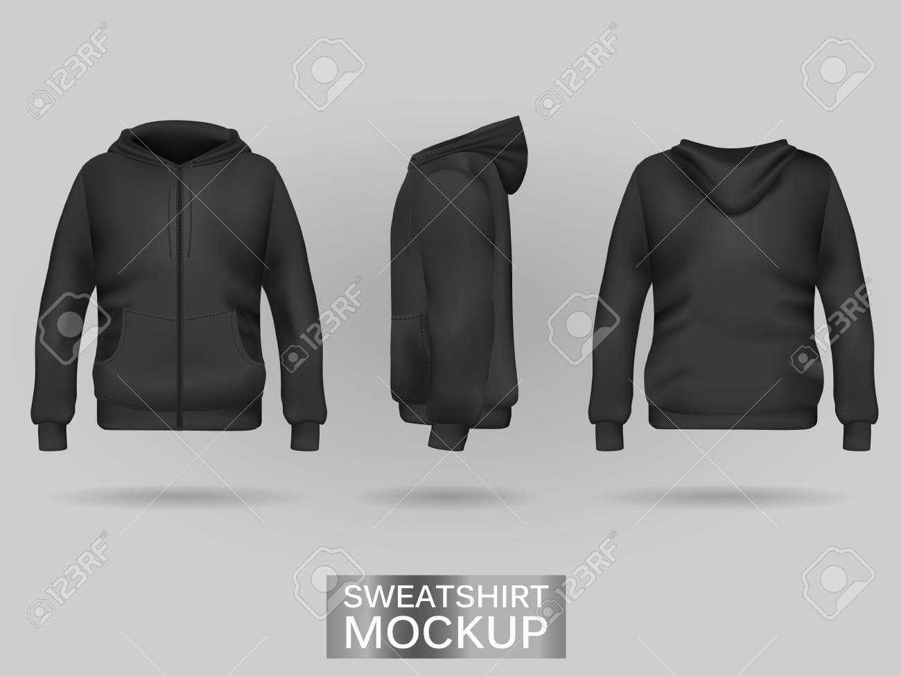 Black Sweatshirt Hoodie Template In Three Dimensions: Front,.. Within Blank Black Hoodie Template