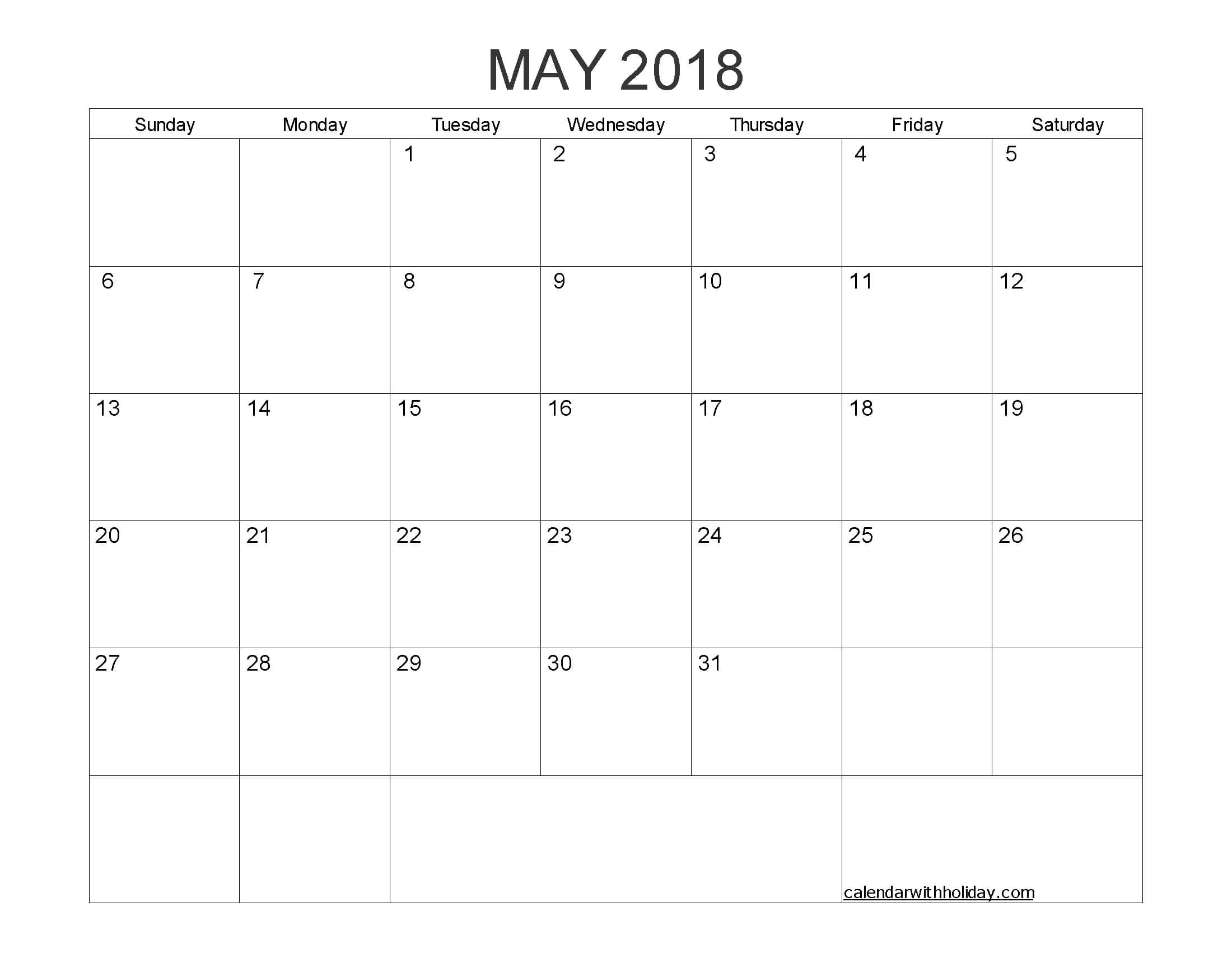 Blank Calendar May 2018 Printable 1 Month Calendar Template In Blank One Month Calendar Template