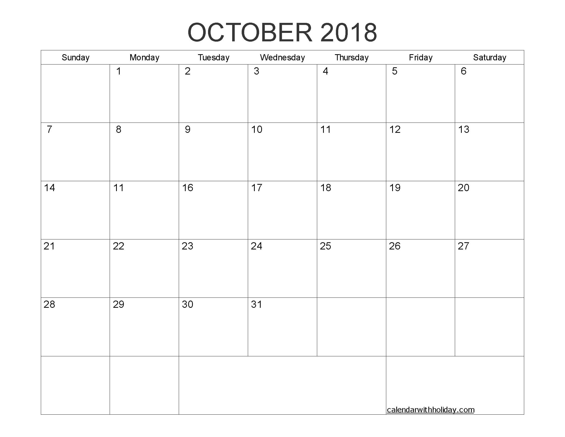 Blank Calendar October 2018 Printable 1 Month Calendar Regarding Blank One Month Calendar Template