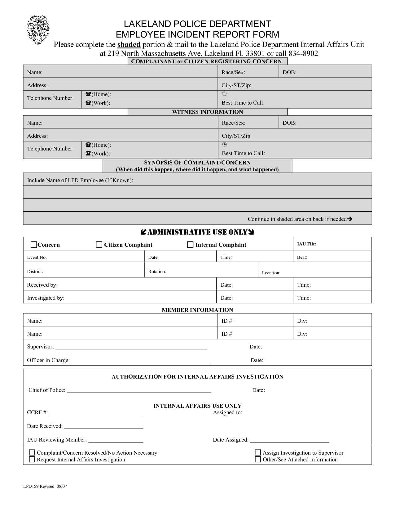 Blank Police Report Template | Glendale Community Regarding Police Report Template Pdf