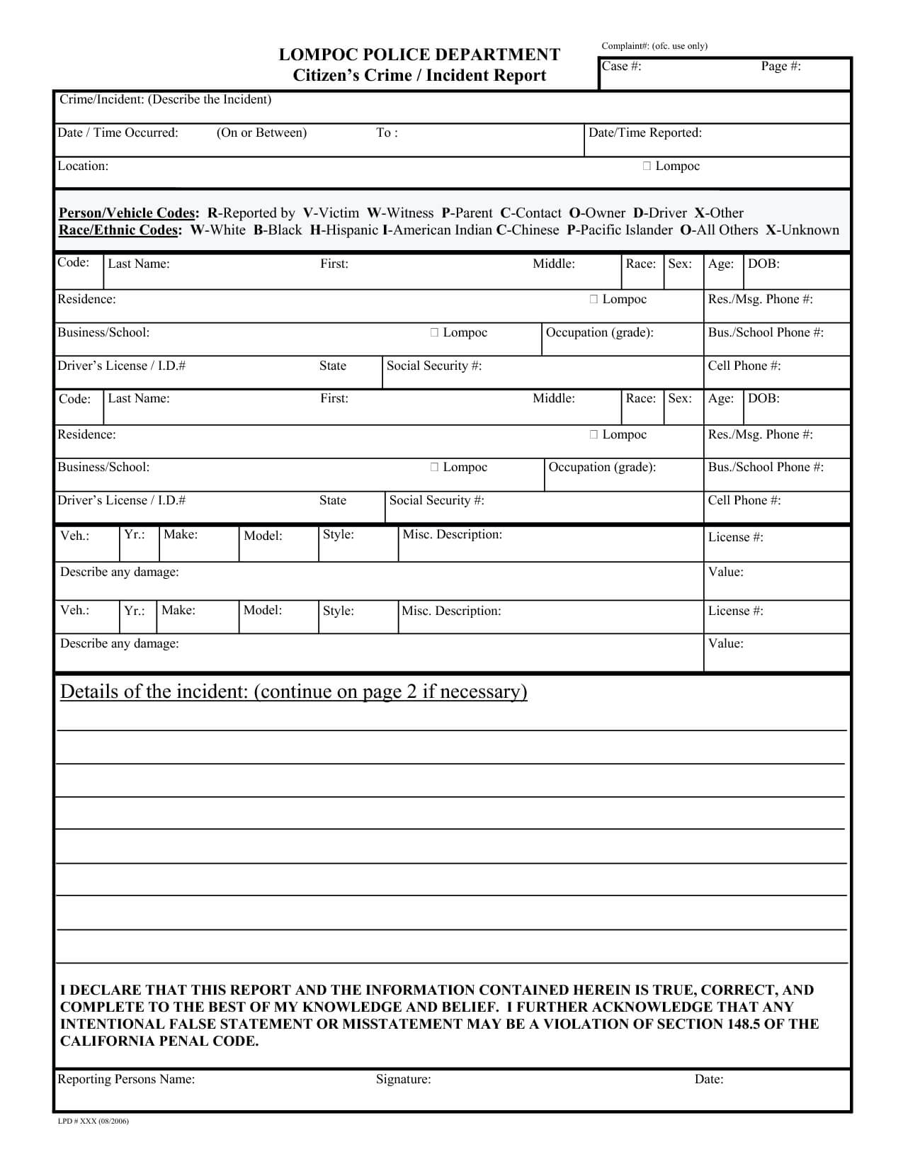 Blank Police Report Template Statement Witness Pdf With Police Incident Report Template