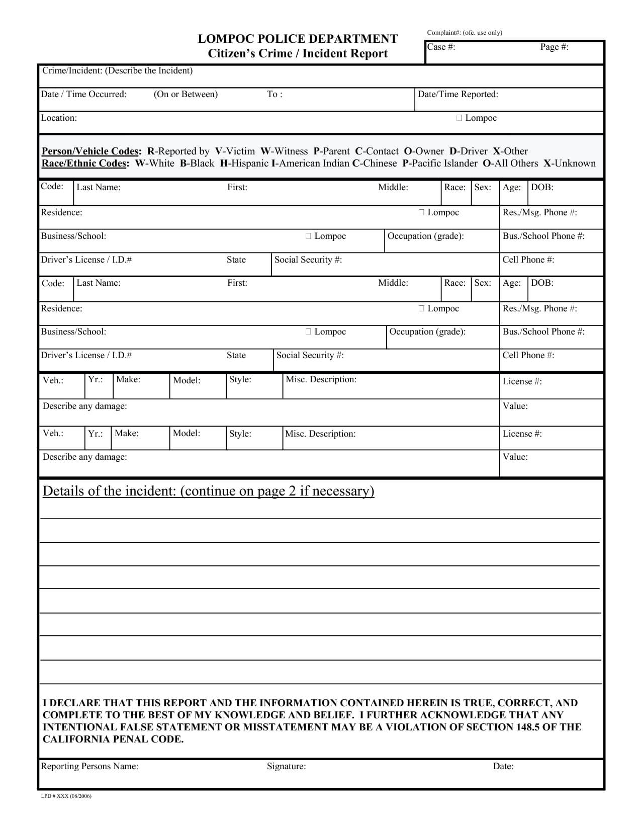 Blank Police Report Template Statement Witness Rt Pdf Nadi With Blank Police Report Template