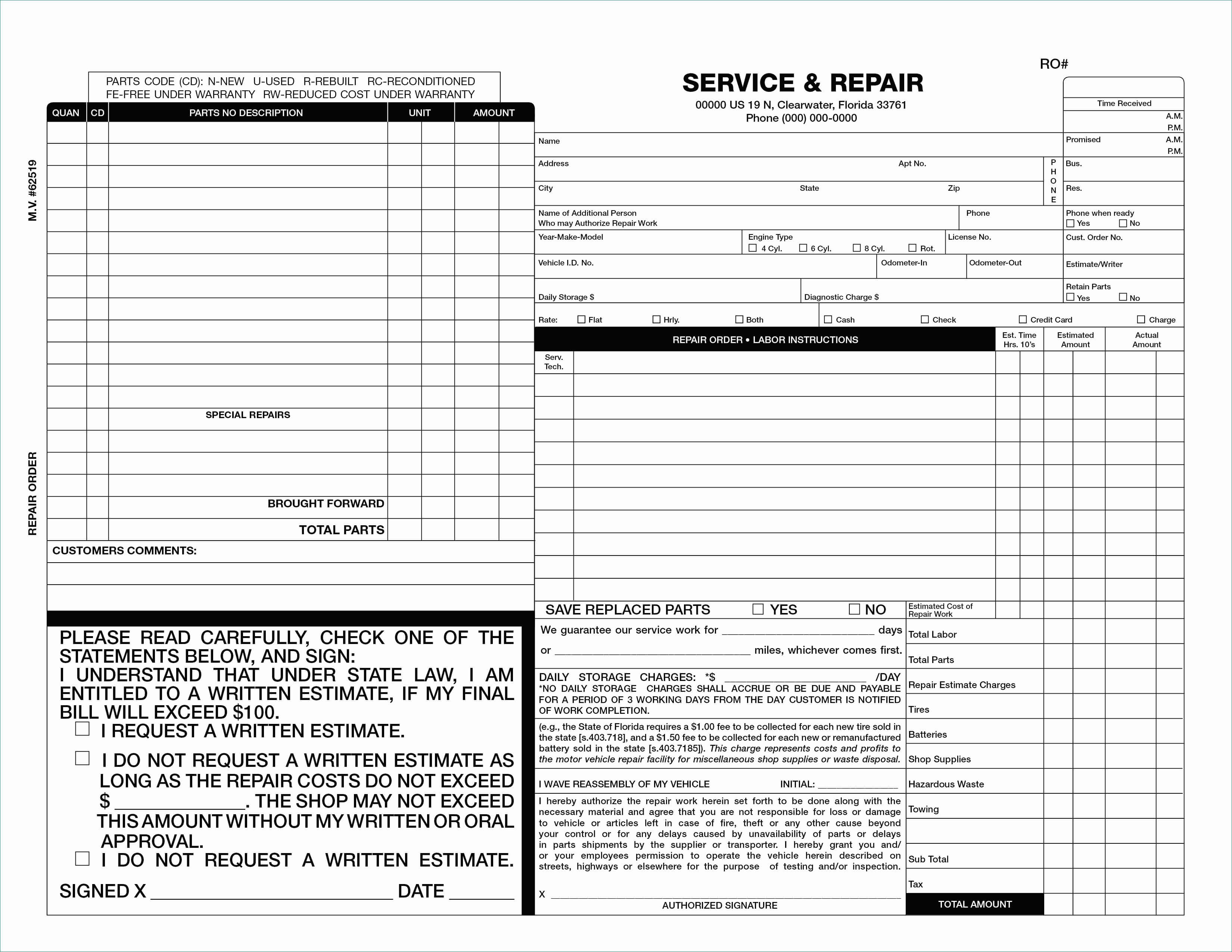 Body Shop Invoice Template Example Estimate Form Ordinary 50 Regarding Shop Report Template