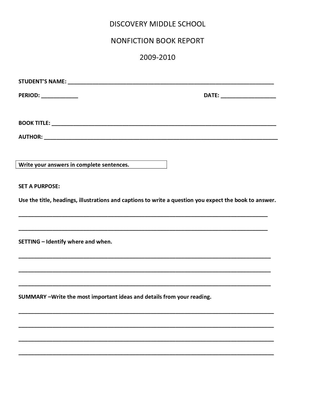 Book Report Template | Discovery Middle School Nonfiction For Book Report Template High School
