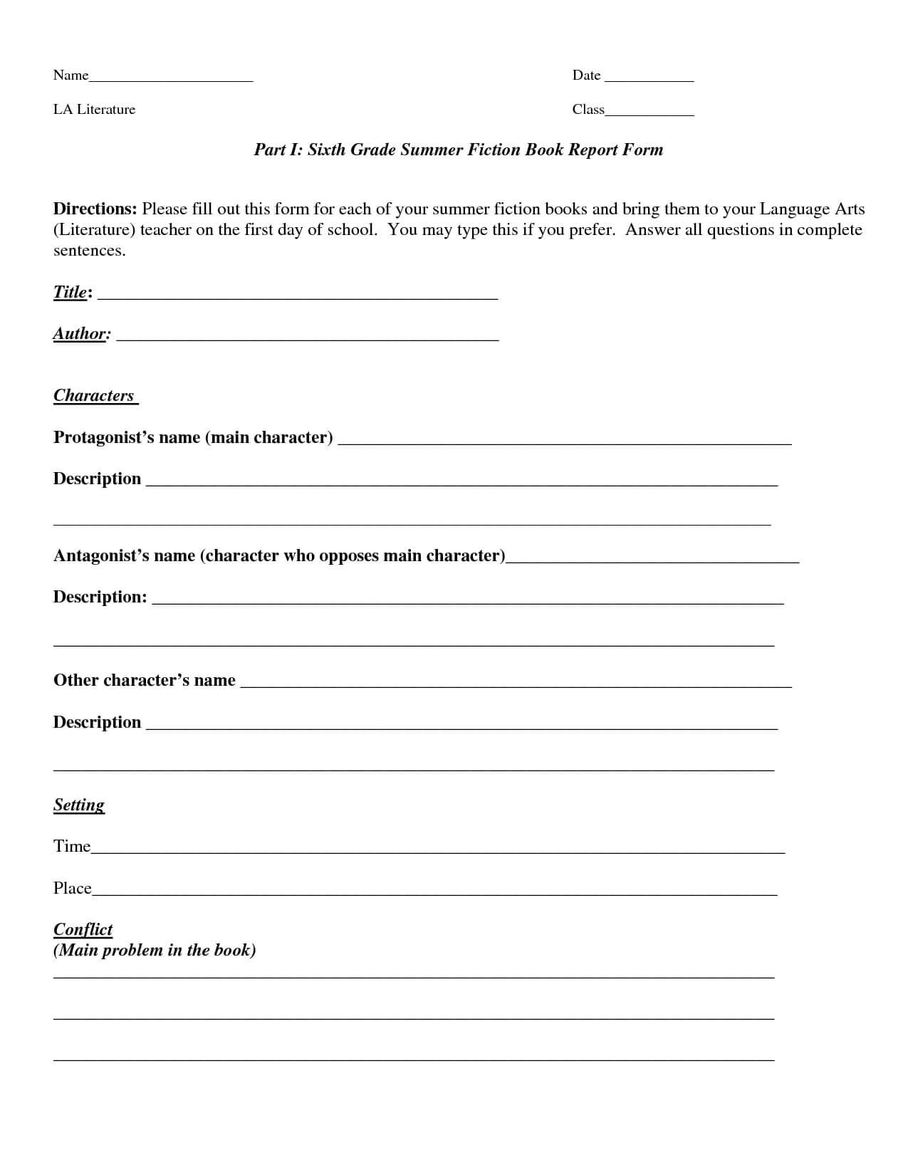 Book Report Template | Part I Sixth Grade Summer Fiction Throughout Book Report Template Grade 1