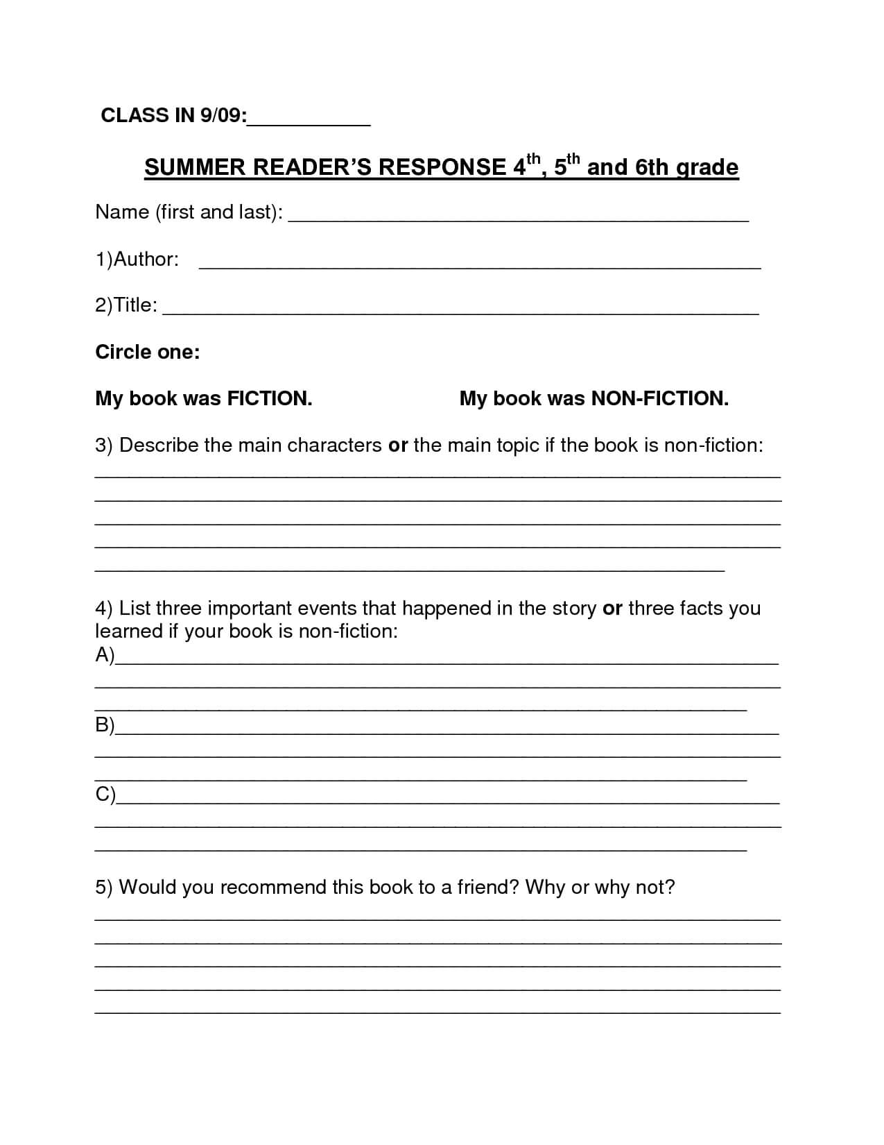 Book Report Template | Summer Book Report 4Th  6Th Grade In Book Report Template 5Th Grade