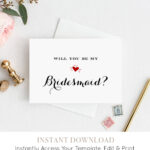 Bridesmaid Card Template, Printable Will You Be My Bridesmaid, Maid Of  Honor, Flower Girl, Instant Download, 100% Editable, Diy #nc 102Bmb In Will You Be My Bridesmaid Card Template