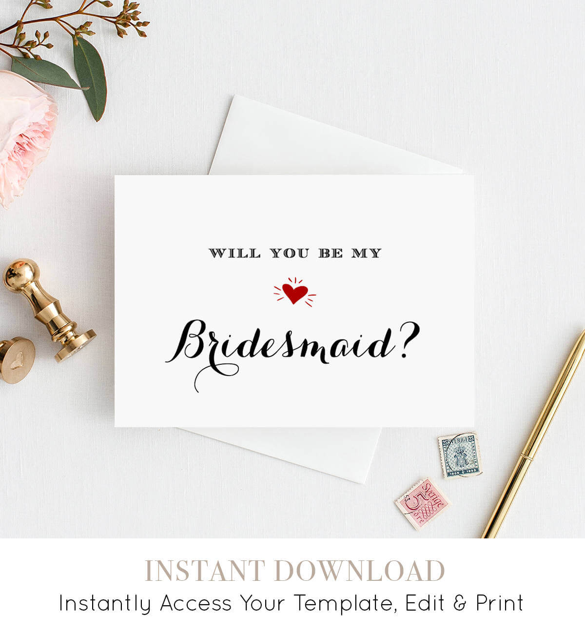 Bridesmaid Card Template, Printable Will You Be My Bridesmaid, Maid Of  Honor, Flower Girl, Instant Download, 100% Editable, Diy #nc 102Bmb In Will You Be My Bridesmaid Card Template