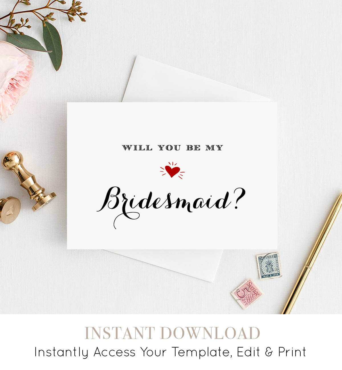 Bridesmaid Card Template, Printable Will You Be My Bridesmaid, Maid Of  Honor, Flower Girl, Instant Download, 100% Editable, Diy #nc 102Bmb In Will You Be My Bridesmaid Card Template