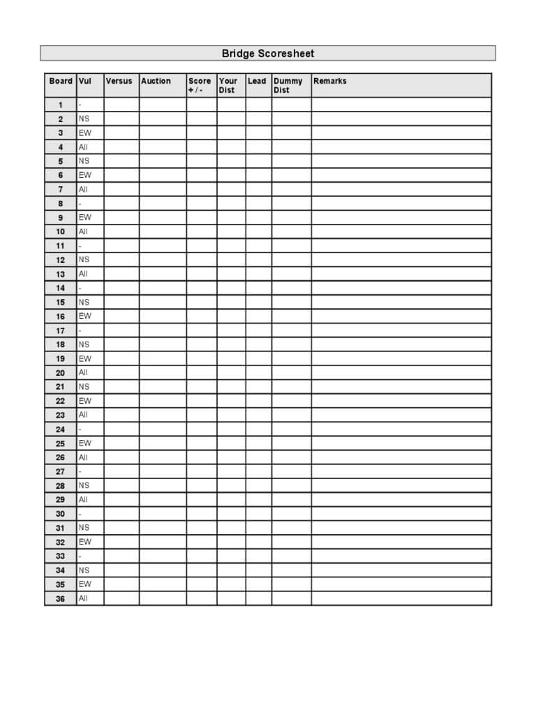 Bridge Score Sheet - 6 Free Templates In Pdf, Word, Excel Throughout Bridge Score Card Template