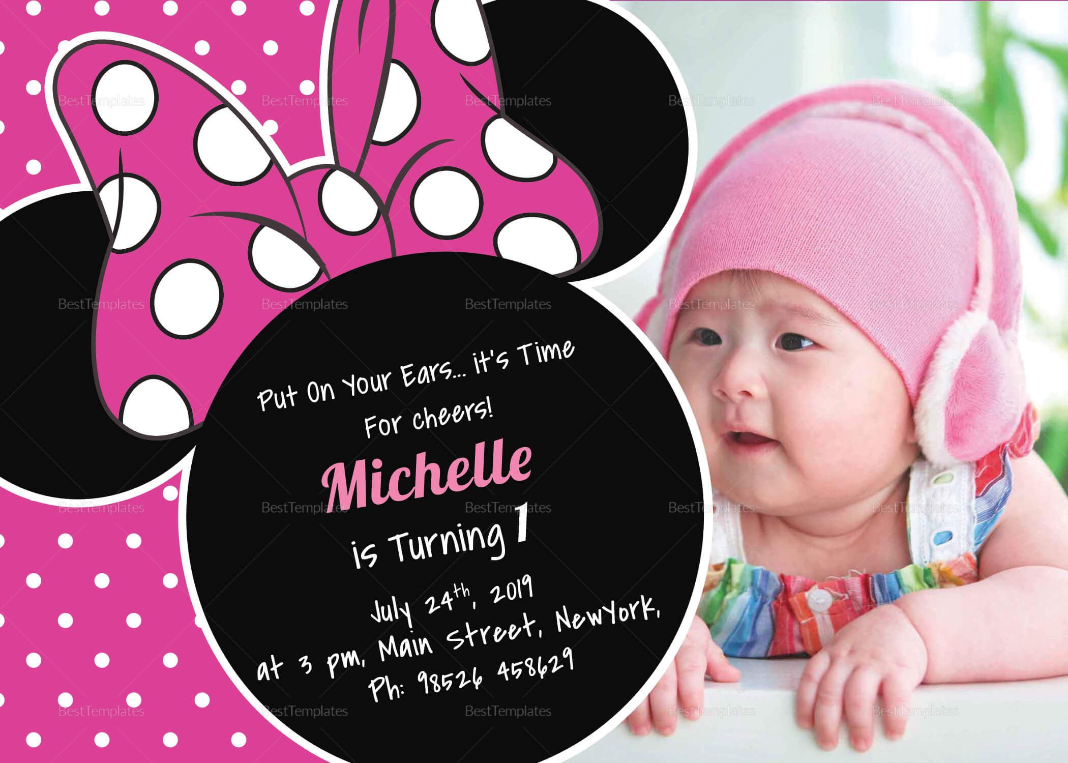 Bright Minnie Mouse Birthday Invitation Card Template Intended For Minnie Mouse Card Templates