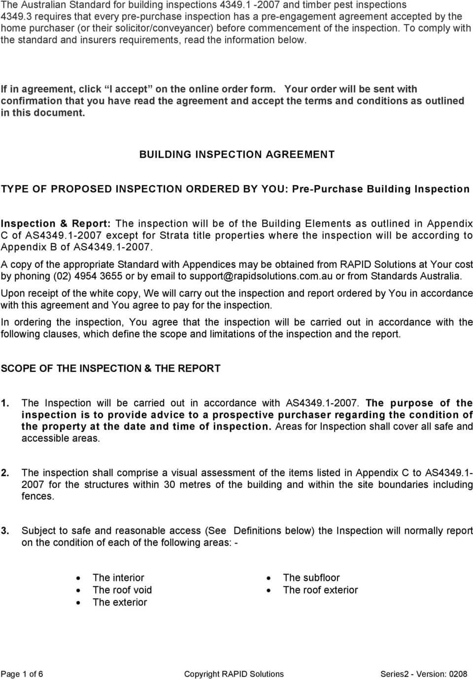 Building Inspection Agreement. Type Of Proposed Inspection Intended For Pre Purchase Building Inspection Report Template