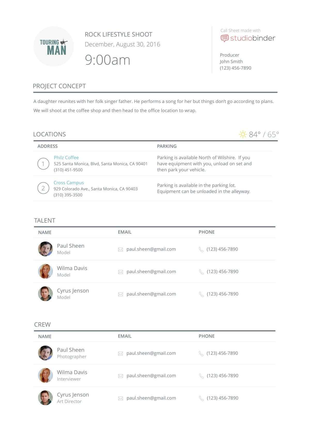 Call Sheet Templates And Samples For Film Production For Film Call Sheet Template Word