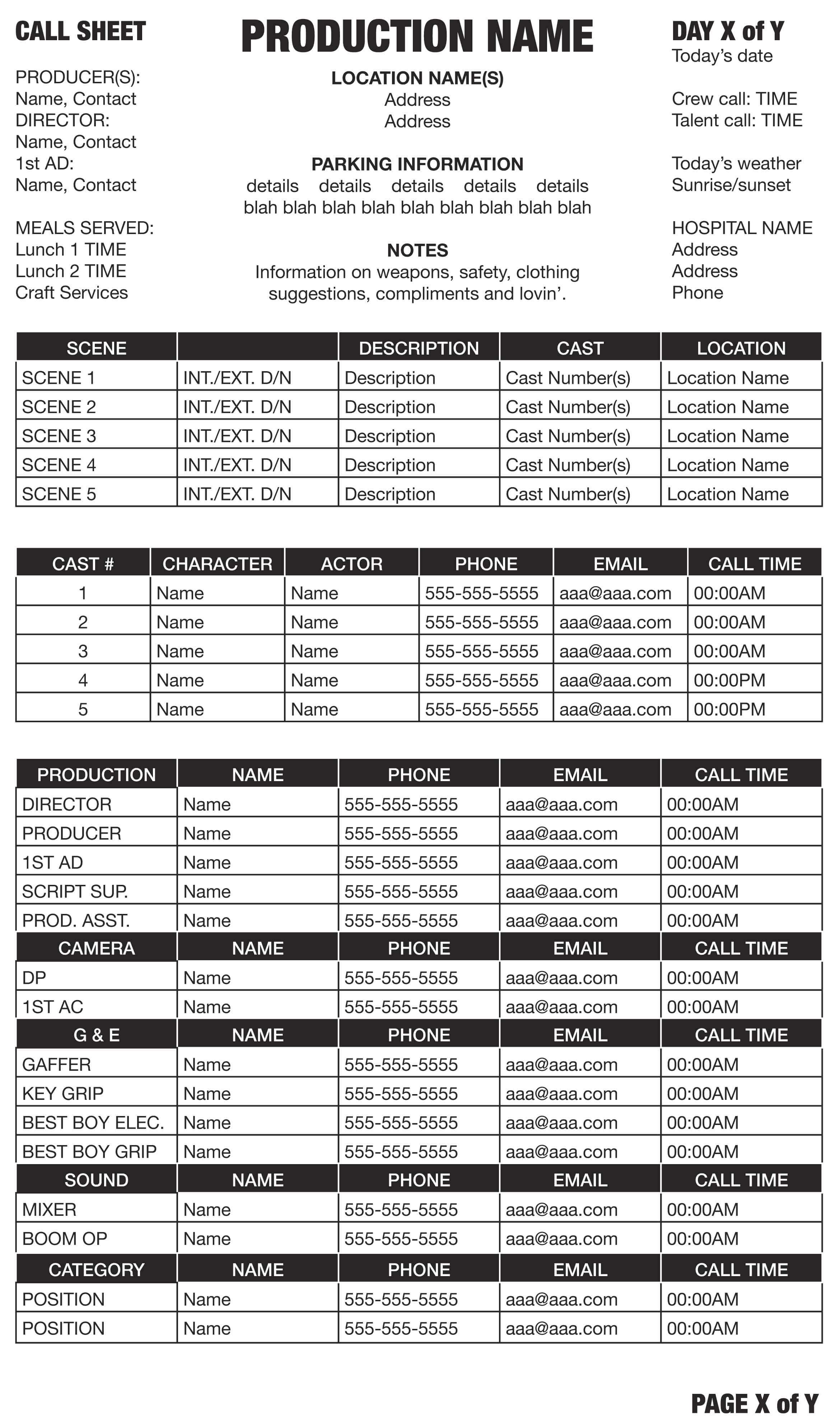 Call Sheets | Ashley's L.a. Times Regarding Film Call Sheet Template Word