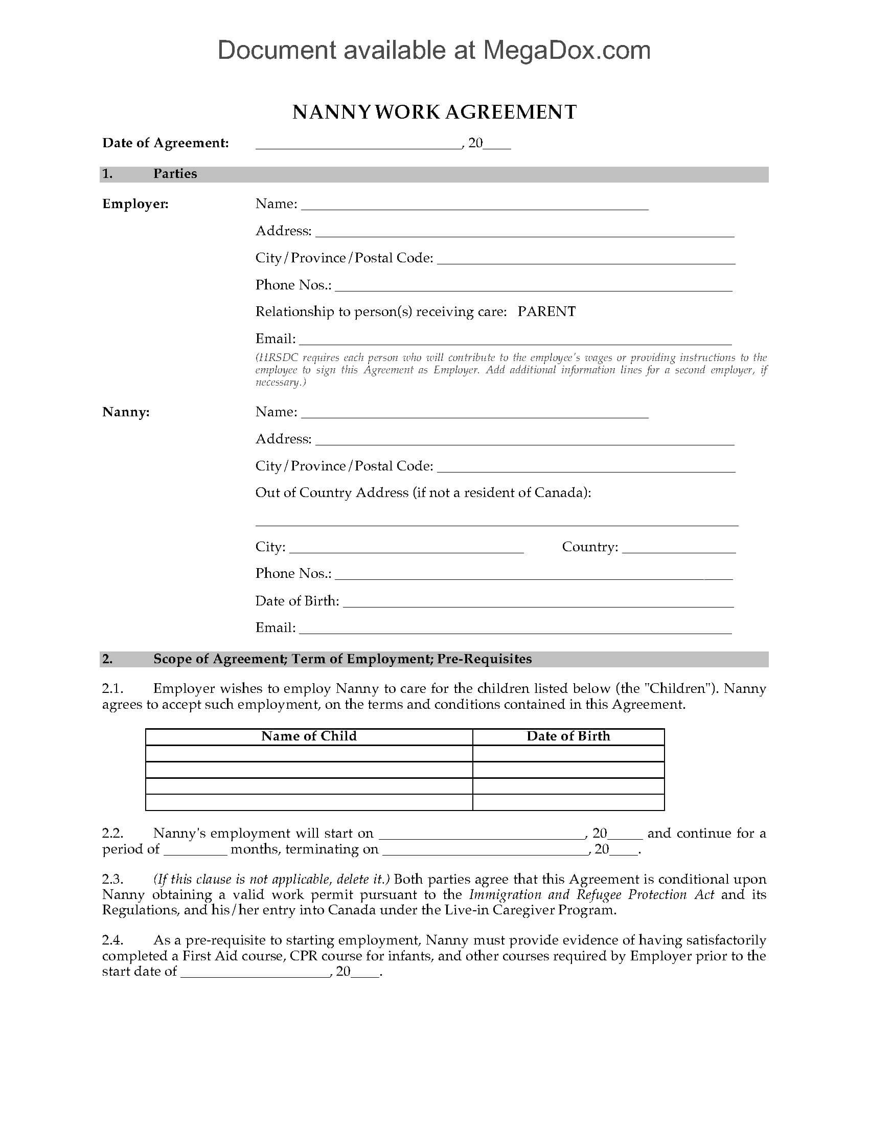 Canada Nanny Employment Agreement In Nanny Contract Template Word