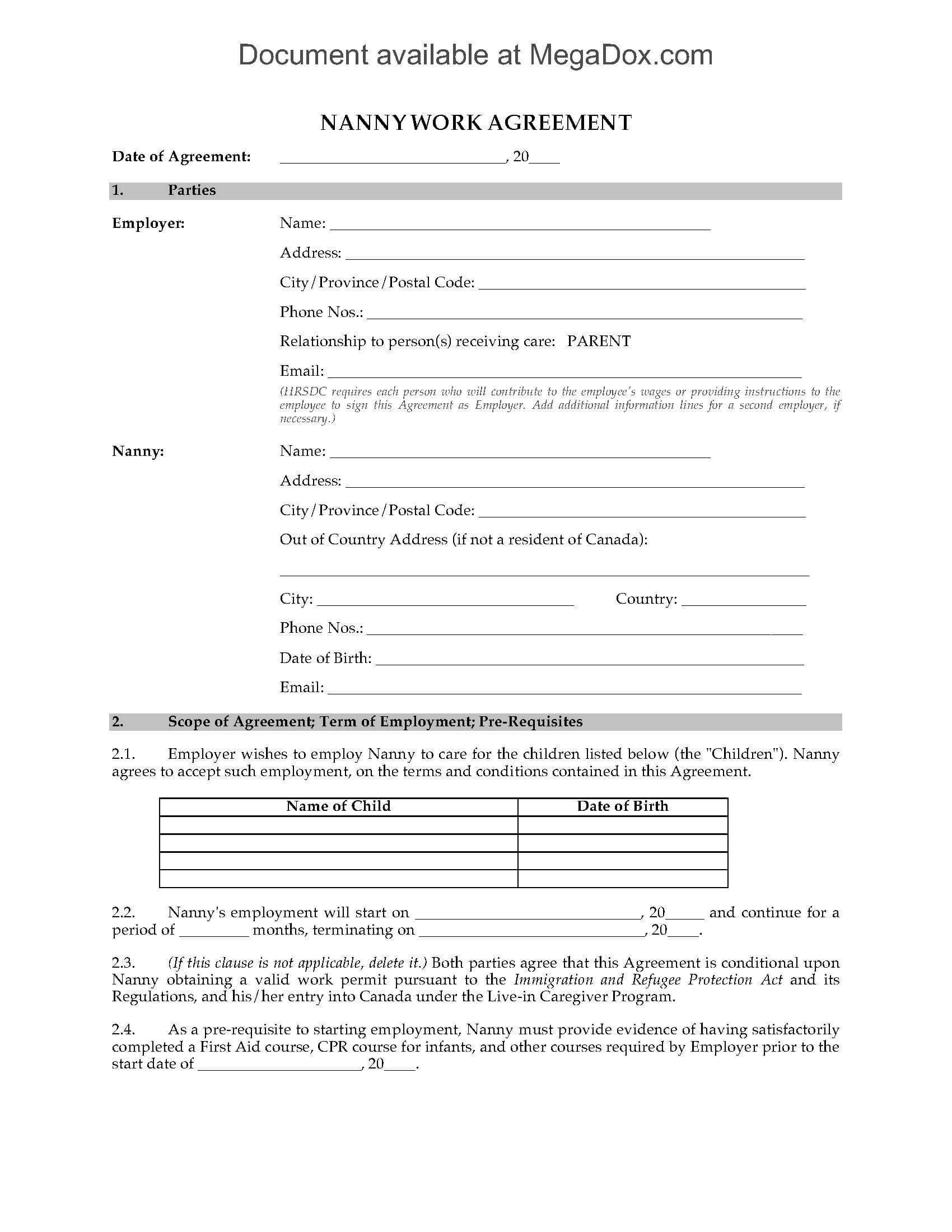 Canada Nanny Employment Agreement In Nanny Contract Template Word