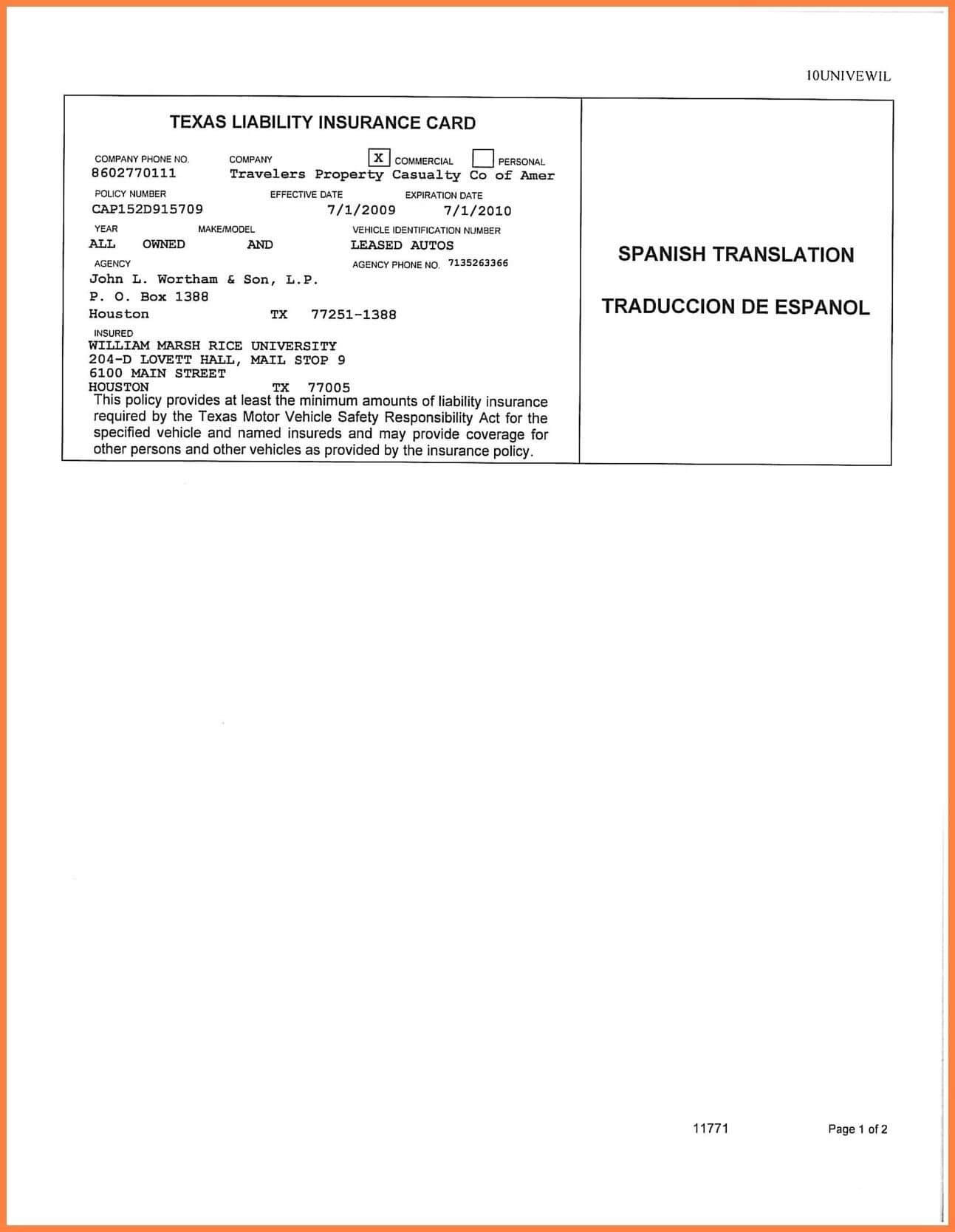 Proof Of Insurance Card Template Best Template Inspiration