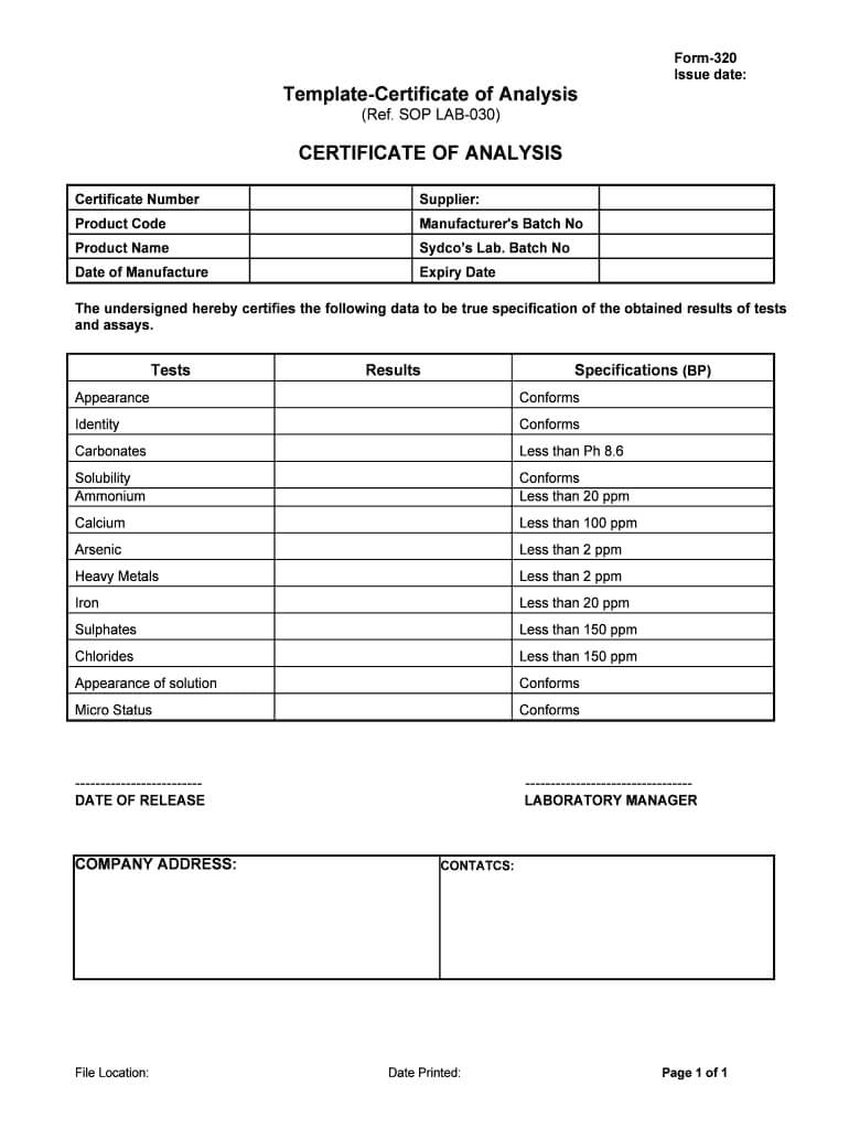 Certificate Analysis Template – Fill Online, Printable Inside Certificate Of Analysis Template