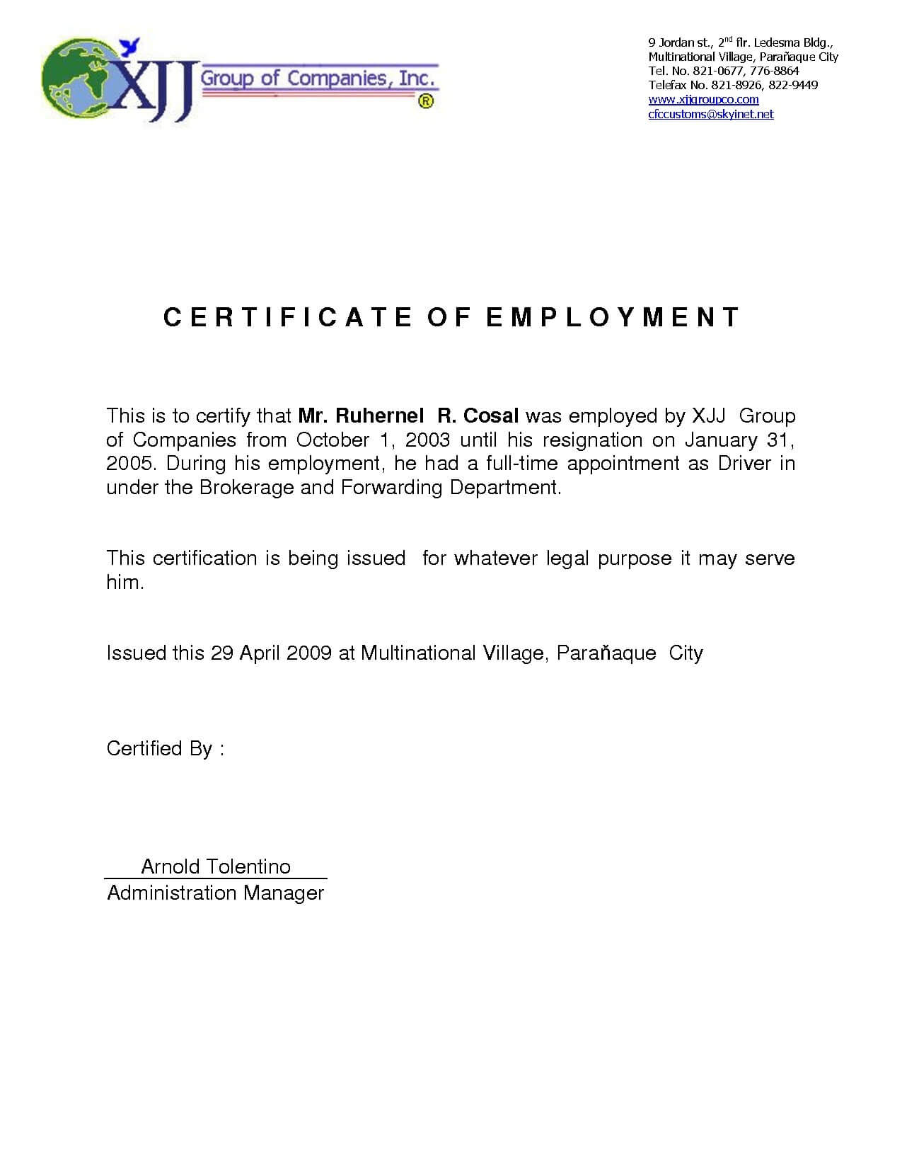 Certificate Employment Template 13 – Elsik Blue Cetane Throughout Template Of Certificate Of Employment