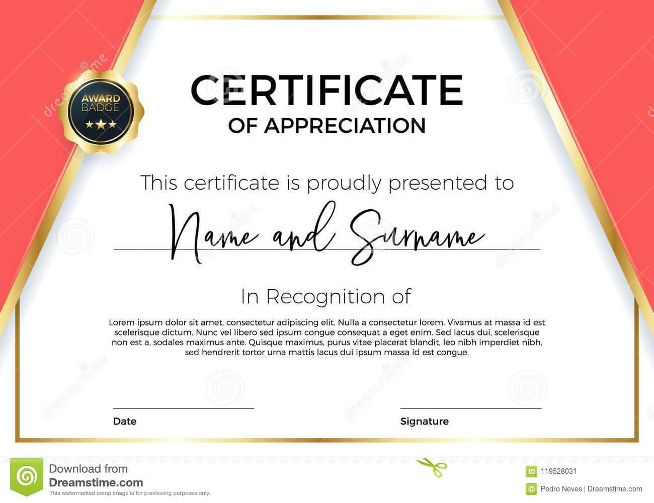 Certificate Of Appreciation Or Achievement With Award Badge Intended For Template For Certificate Of Award