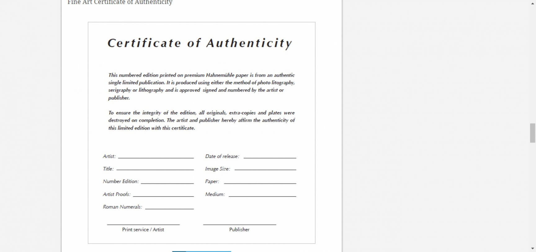 Certificate Of Authenticity Artwork Template | Emetonlineblog With Certificate Of Disposal Template