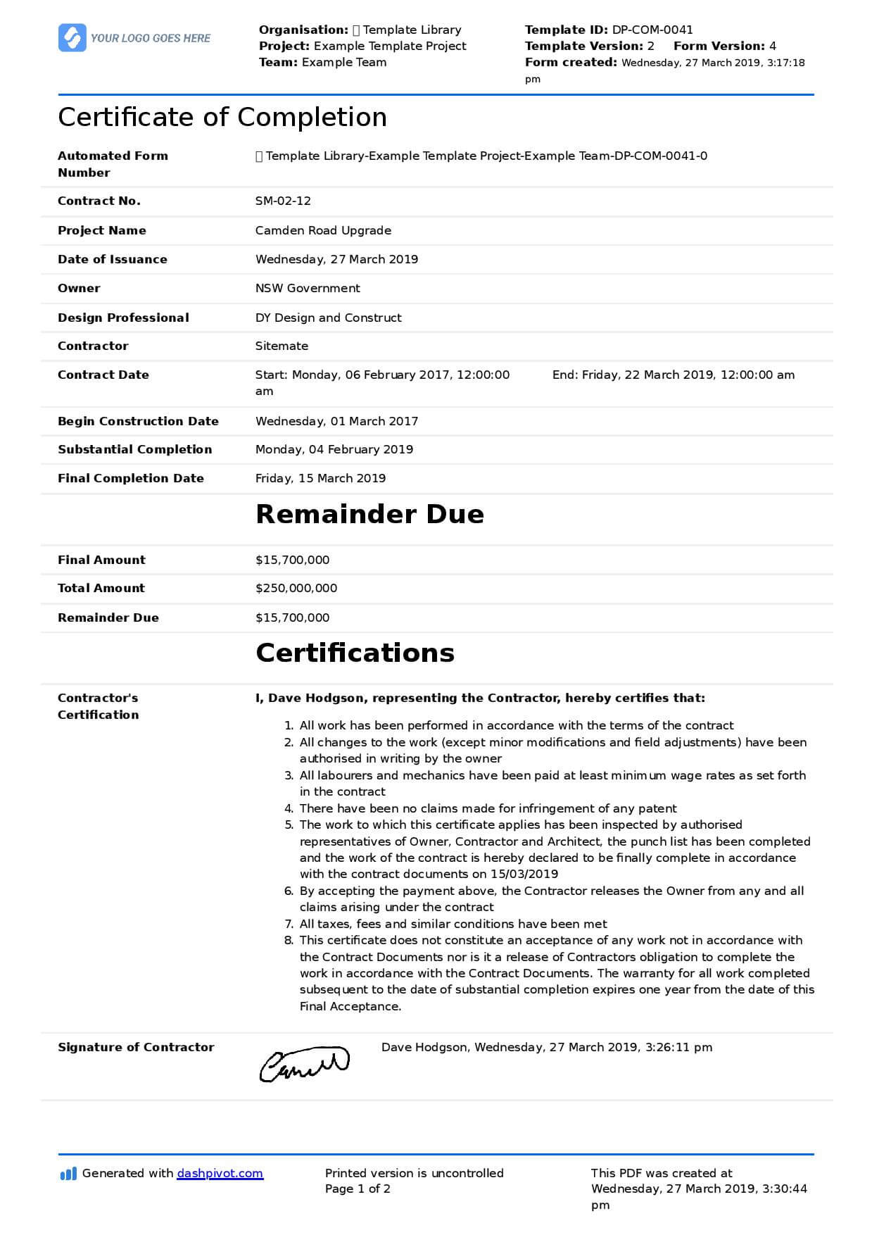 Certificate Of Completion For Construction (Free Template + For Certificate Of Completion Template Construction
