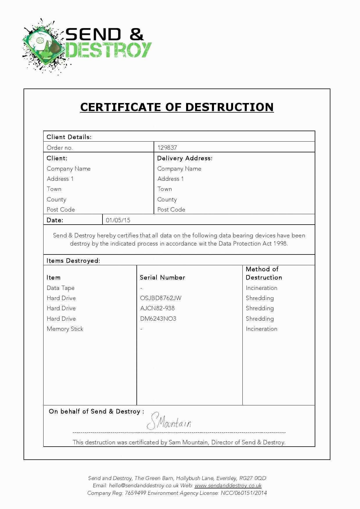 Certificate Of Destruction Template Word Regarding Certificate Of Destruction Template