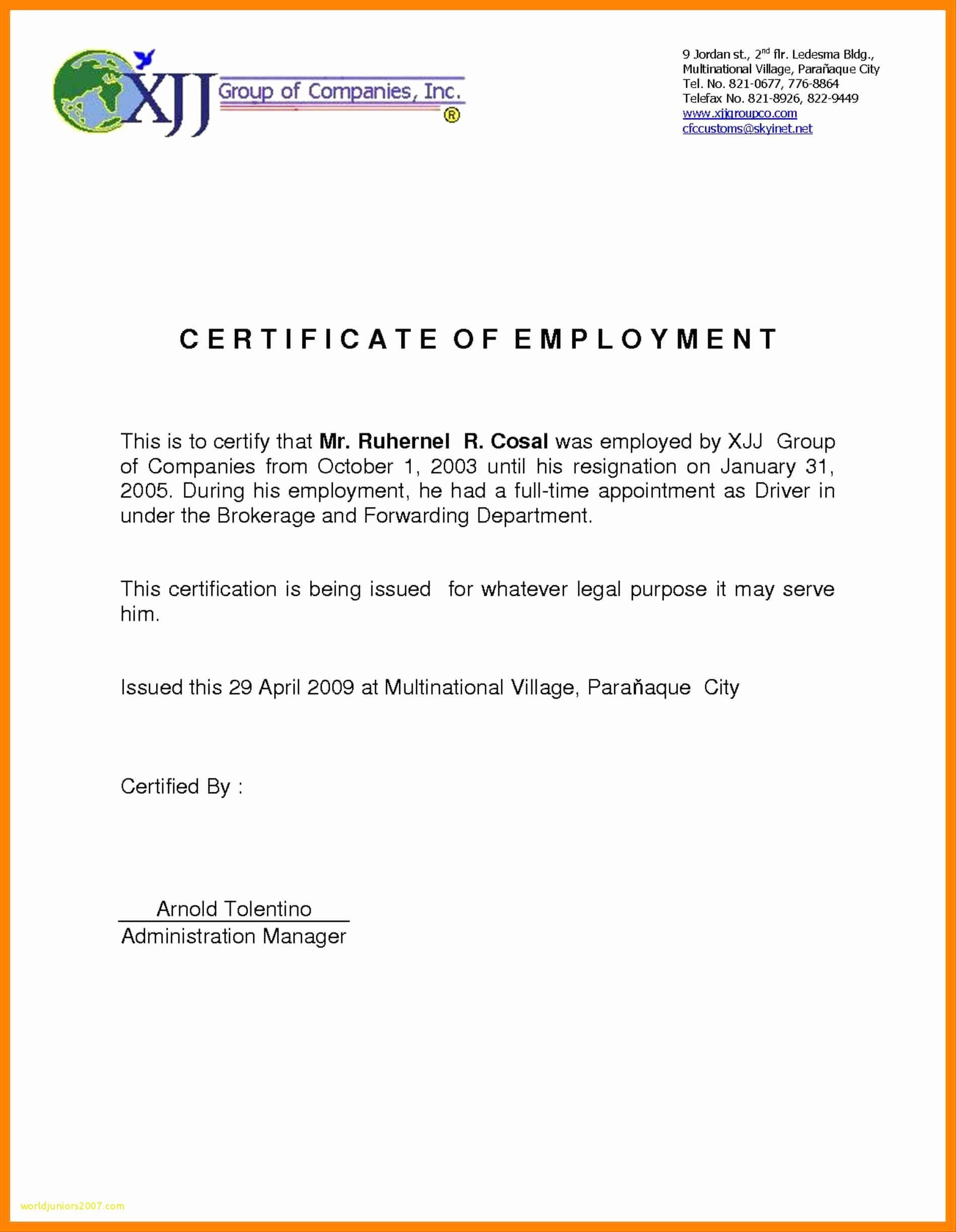Certificate Of Employment Sample Inspirational 006 Inside Certificate Of Employment Template