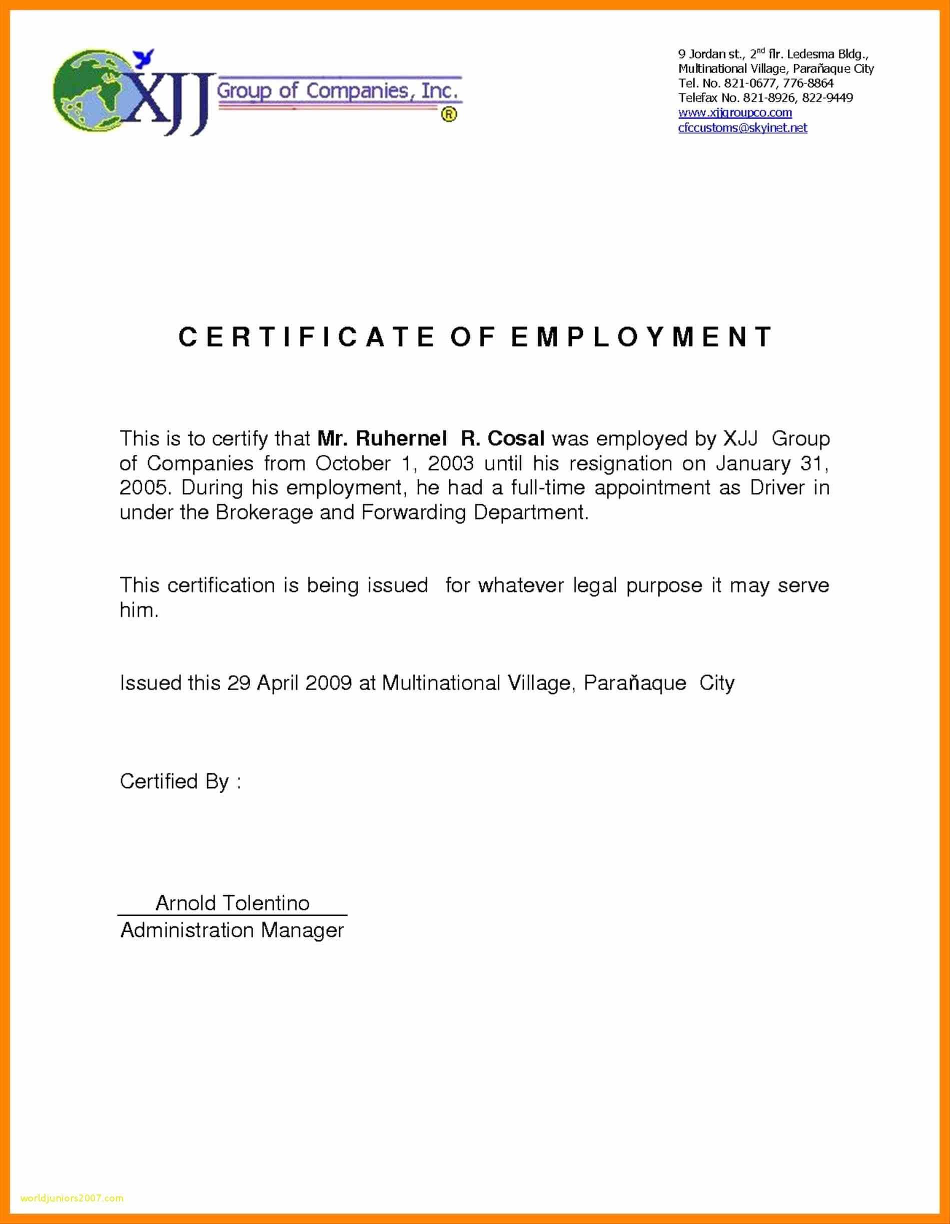 Certificate Of Employment Sample Inspirational 006 With Sample Certificate Employment Template