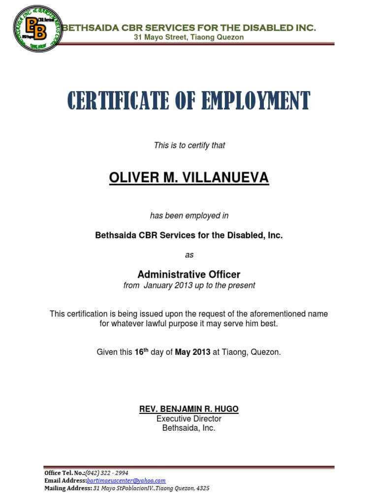 Certificate Of Employment Sample Luxury Certificate Of Pertaining To Sample Certificate Employment Template