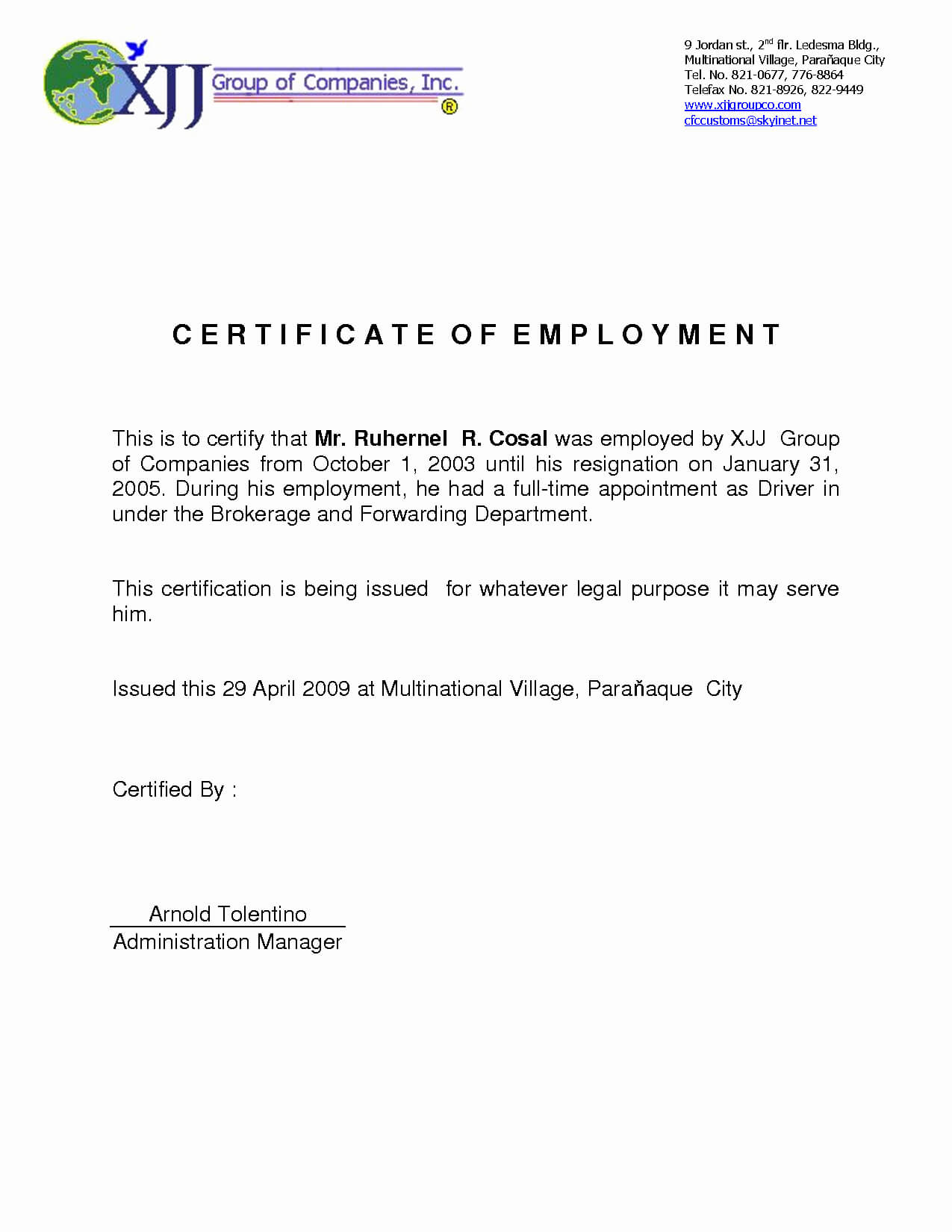 Certificate Of Employment Template Best Of Sample Pertaining To Certificate Of Employment Template