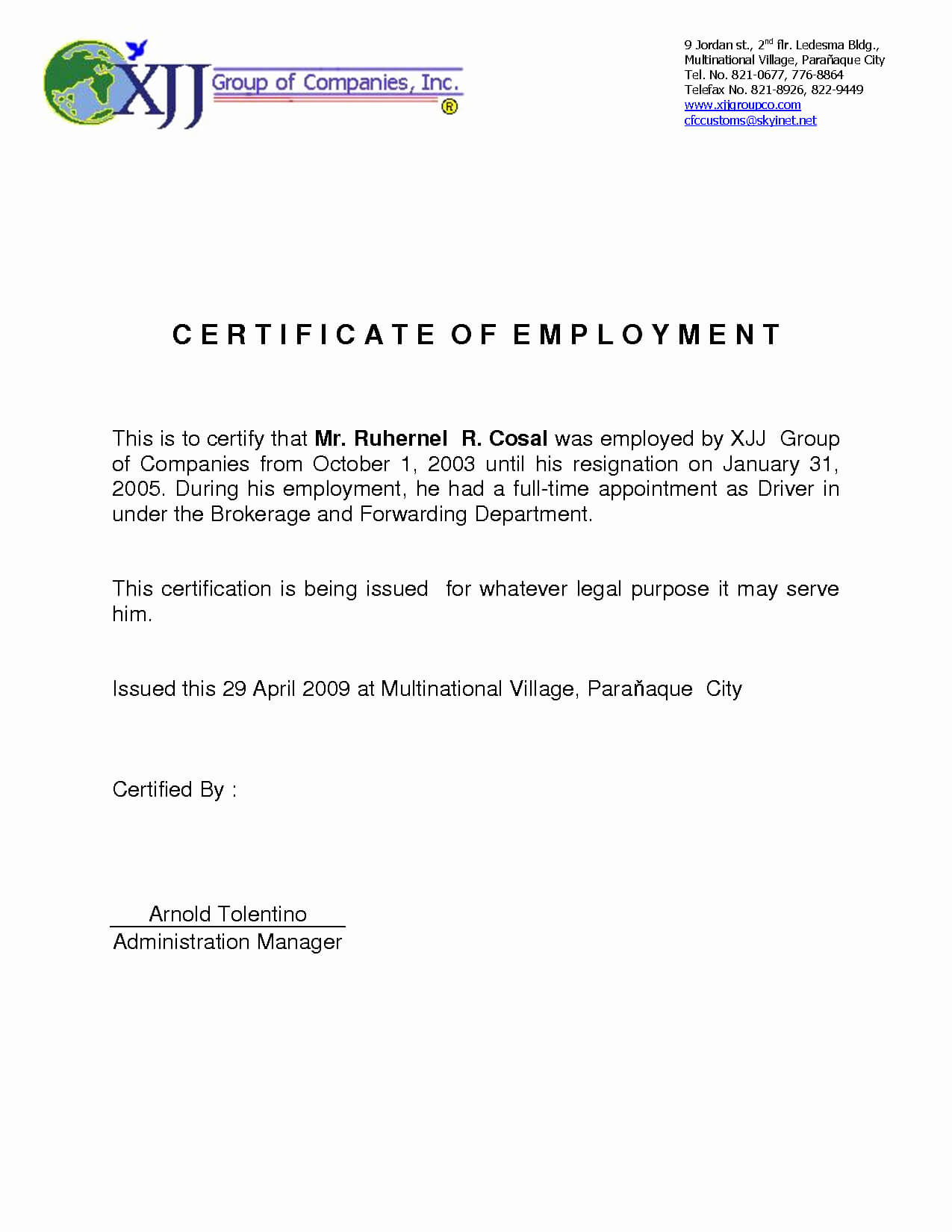 Certificate Of Employment Template Best Of Sample Pertaining To Employee Certificate Of Service Template