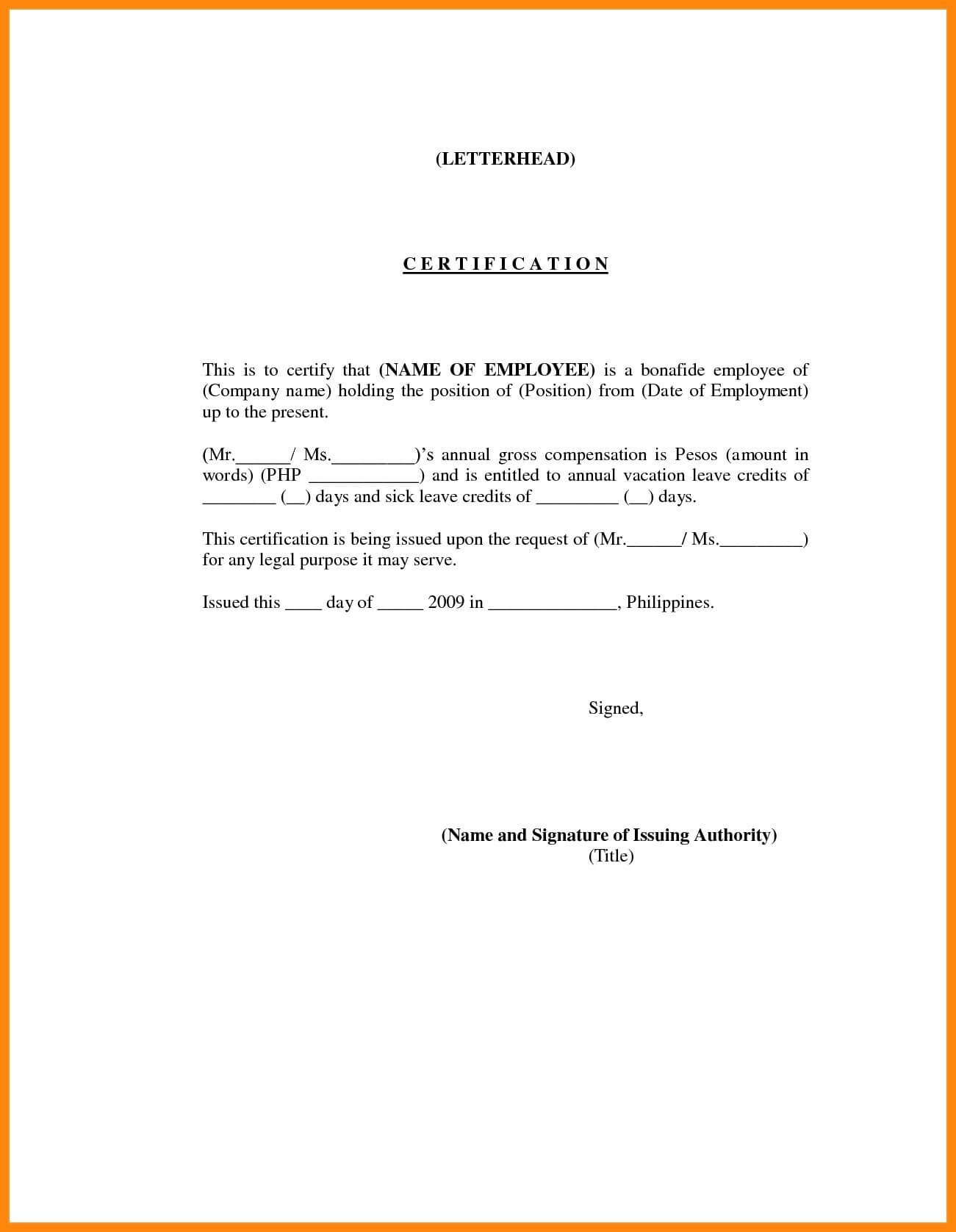 Certificate Of Employment Template Word Free Within Template Of Certificate Of Employment